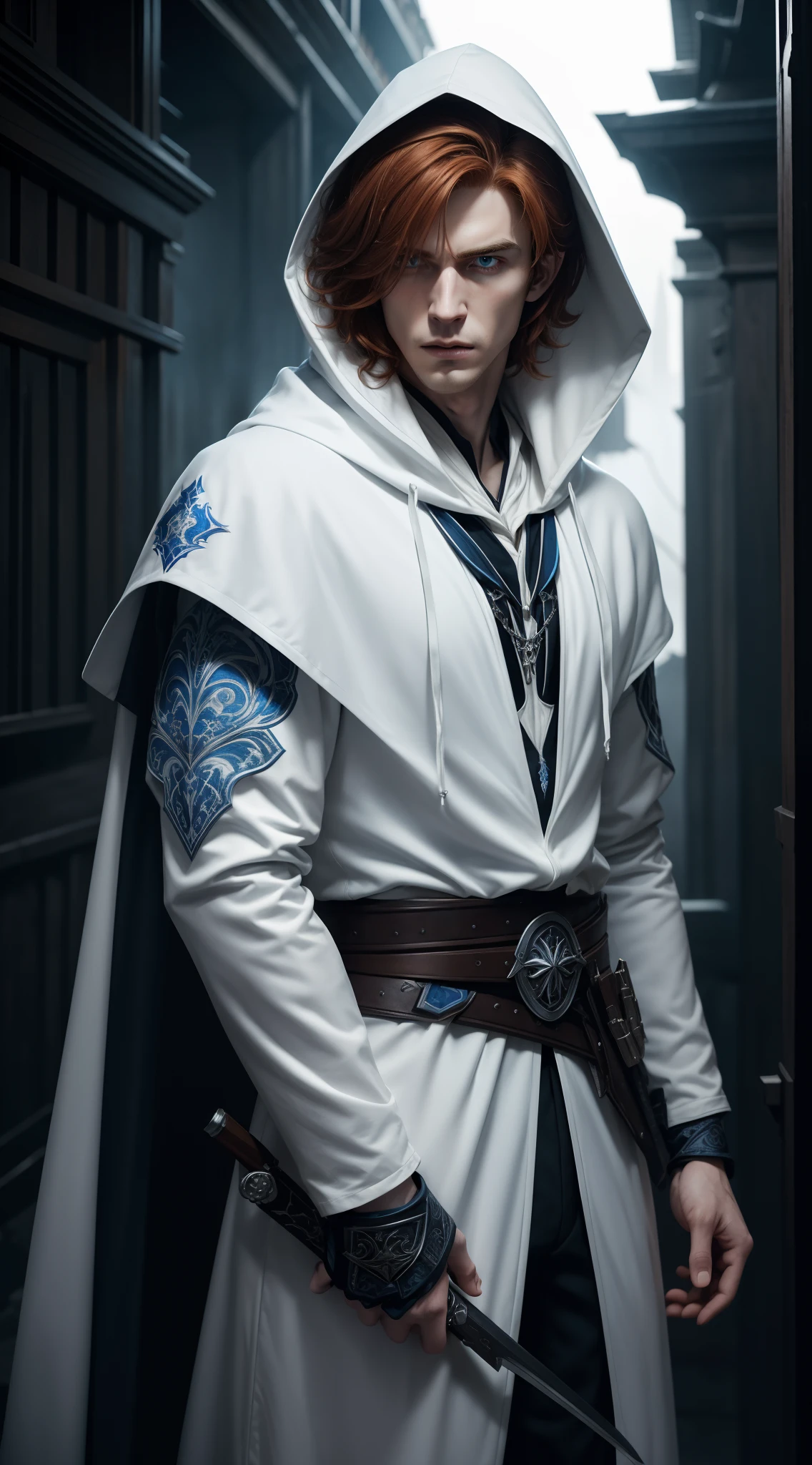 a handsome 25 years old male vampire hunter with short messy ginger hair, pale skin, serious looking, wearing a white and blue hooded assassin outfit, waist up shot, dynamic pose, ambient lighting, photo realism, intricate face detail, intricate hand details, highly detailed, vibrant colors, cinematic, high definition, trending on Artstation--style raw