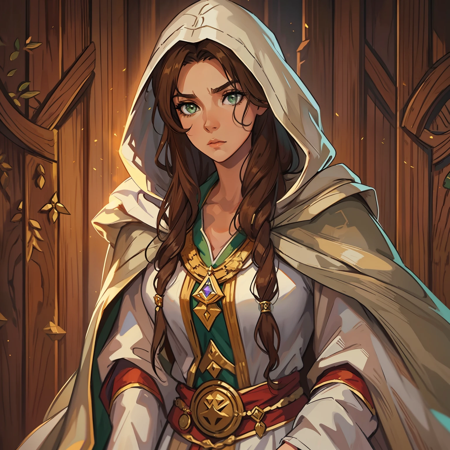 A beautiful woman with green eyes and brown hair she is a sorceress Wizard wearing white and gold robes Noble robes A princess of magic and a tired look, ela esta bebada. ((Corada)) dramatic wooden wall background An art for an RPG A medieval art for RPG