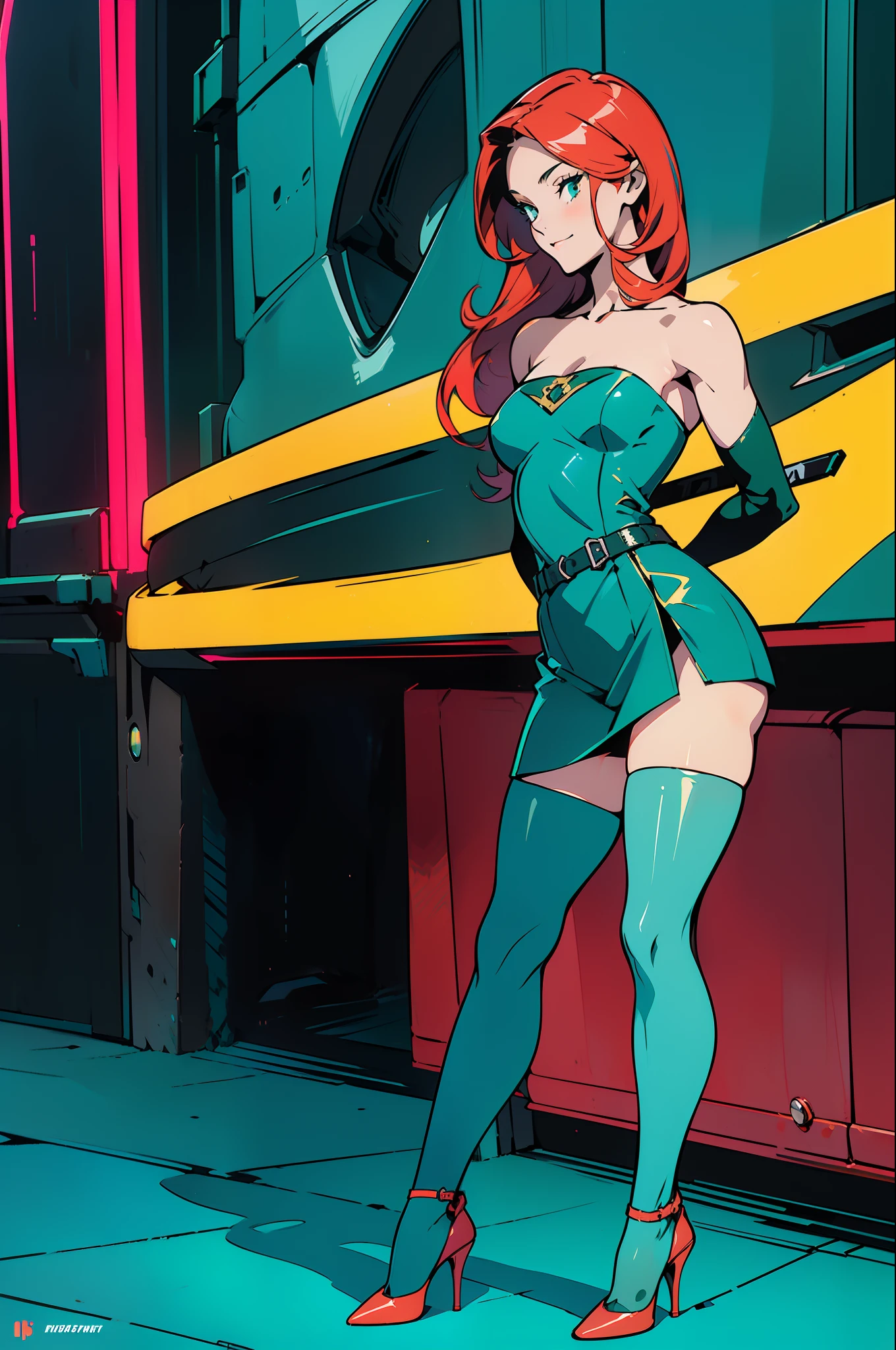 official art, unity 8k wallpaper, ultra detailed, aesthetically pleasing, High quality, masterpiece, best quality, a woman red hair, beautiful face, green eyes, sexy pose, pinup art, in front of a yellow train on the tracks in a train yard, 4 0 9 6, trains in the background, locomotive, train, golden engines, choo choo, trains, biomechanical railroad, glamorous and sexy, red hair, beautiful face, green eyes, sexy pose, pinup art, pin - up, pin-up, pin up, pinup, pin - up girl, pin up girl, pinup girl,