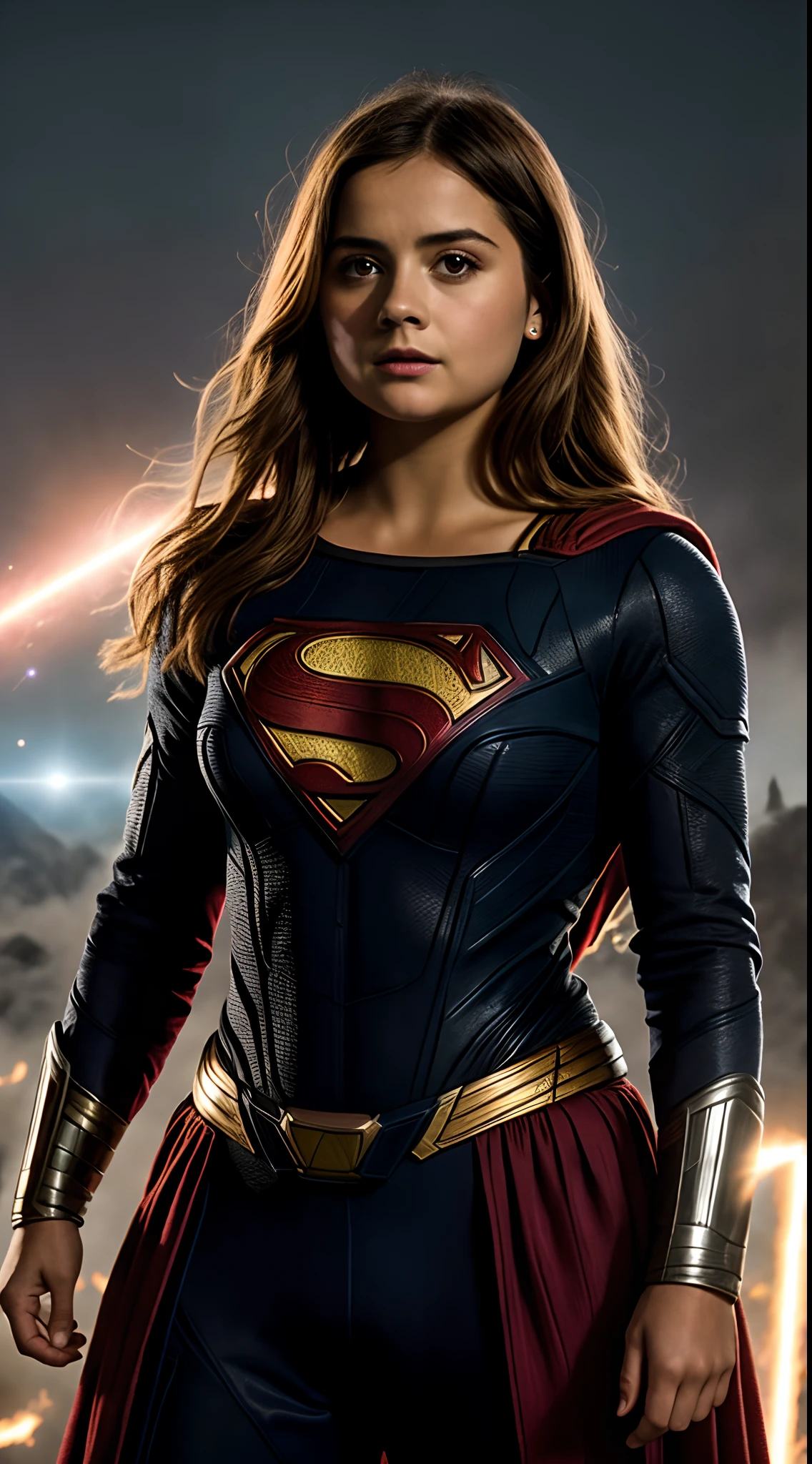 Foto RAW, Jenna Coleman com uniforme do Superman de dark side ,savior of the galaxy and the universe,(pele altamente detalhada: 1.2), 8k UHD, DSLR, soft-lighting, alta qualidade, grain of film, Fujifilm XT3
