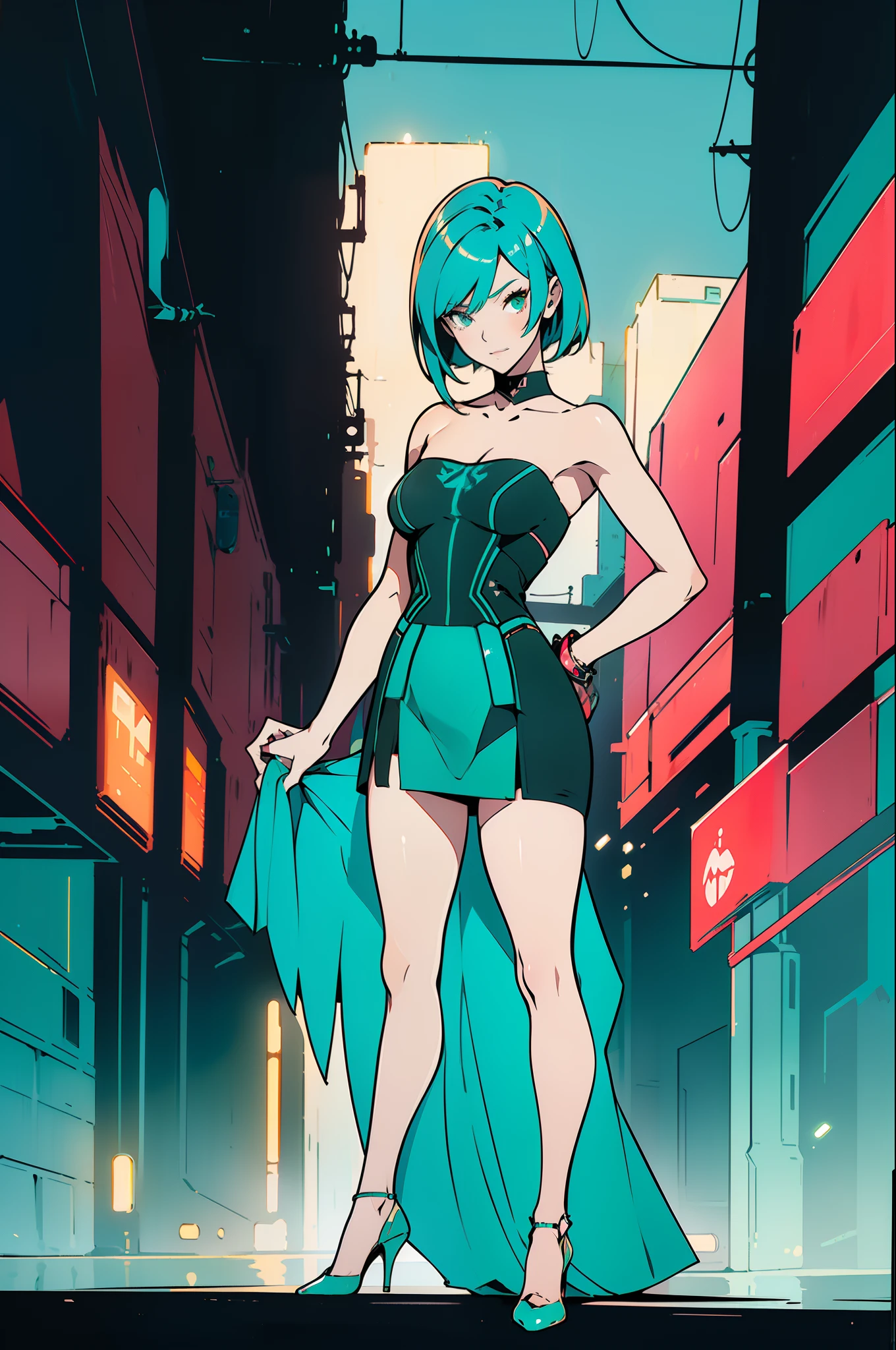 ((Best Quality)), ((Masterpiece)), ((Realistic)) 19 year old, redhead girl, shoulder length hair, relaxed happy face ((slender)) (busty) ((long legs)) ((high heels)) ((( dark turquoise bodycon strapless dress ))) ((( mini skirt ))) ((sexy )) cyberpunk attire, textured pixie haircut , full shot. beautiful face,