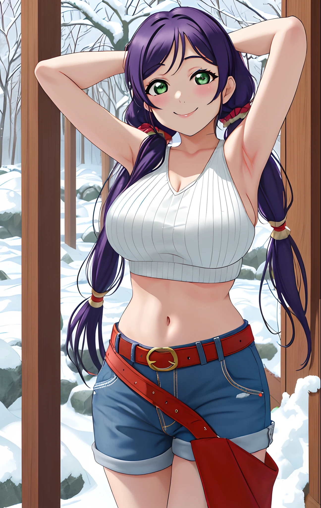 Toujo nozomi, green eyes, low twintails, sweater, sleeveless,midriff,(sexy navel),red moist navel,denim pants,belt, hips, llchar,big breasts, outdoors, standing, crossed arms, breasts hold,breasts bouncing,snow, naughty smile, arms up