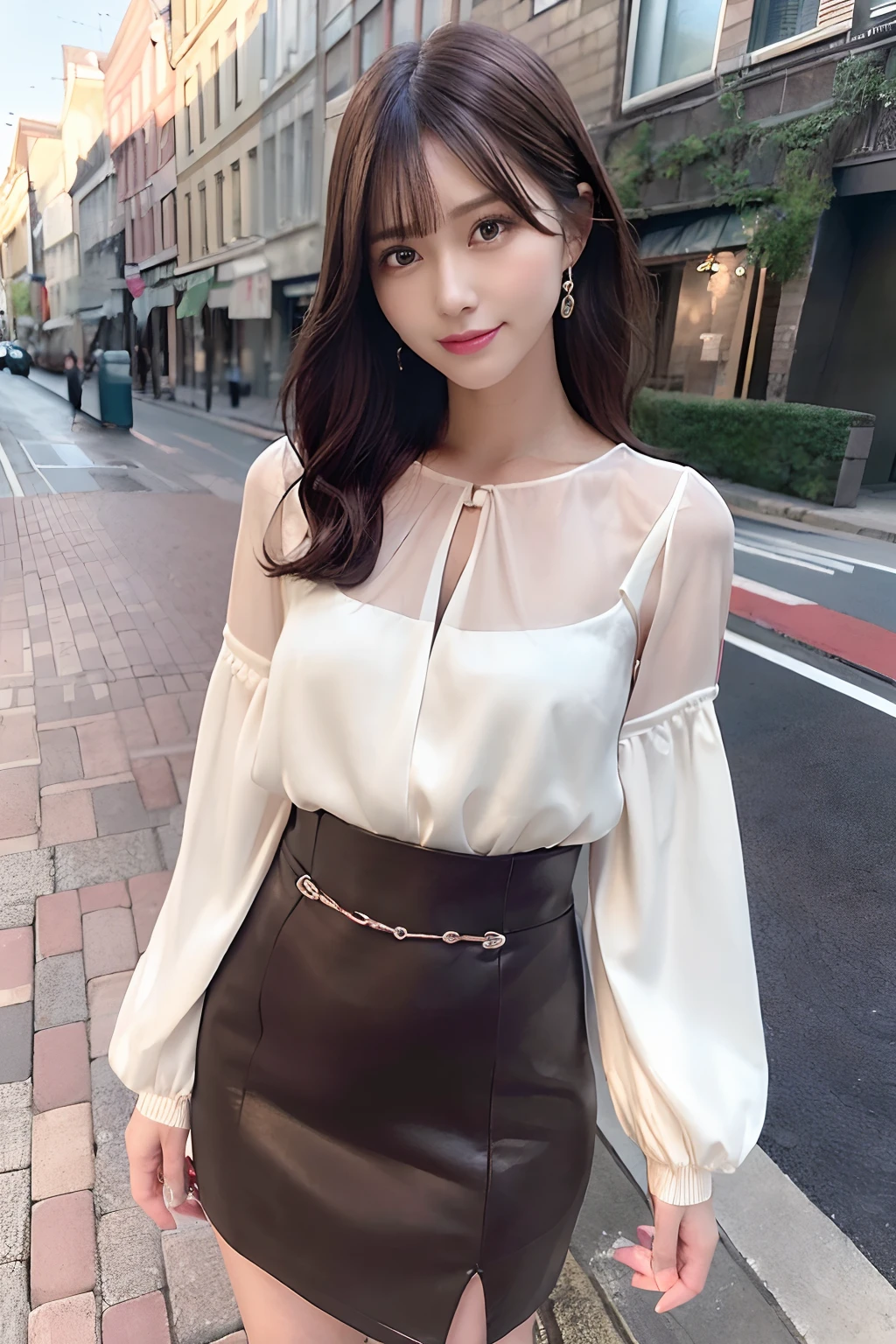 Tabletop, Highest quality, figure, Super detailed, In detail, High resolution, 8k wallpaper, Perfect dynamic composition, Beautiful attention to detail, Wavy long hair,Big breasts Natural color Lips, Sexy pose,smile,Harajuku、25-year-old woman、Beautiful woman、Looking at the camera、Super Real、(((Reality:1.5))),(((blouse、skirt:1.5)))、Standing posture、Top view、Brown Hair、blue eyes、(((The Perfect One Woman:1.5)))