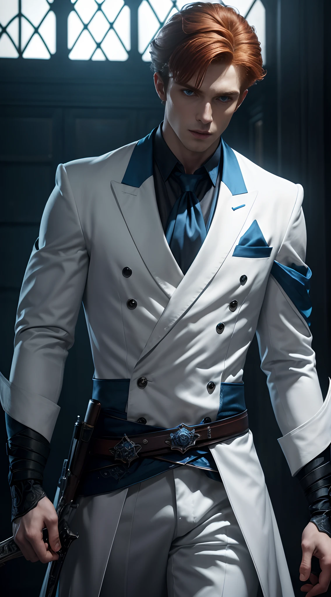 a handsome 25 years old male vampire hunter with short messy ginger hair, pale skin, serious looking, wearing a white and blue assassin outfit, waist up shot, dynamic pose, ambient lighting, photo realism, intricate face detail, intricate hand details, highly detailed, vibrant colors, cinematic, high definition, trending on Artstation--style raw