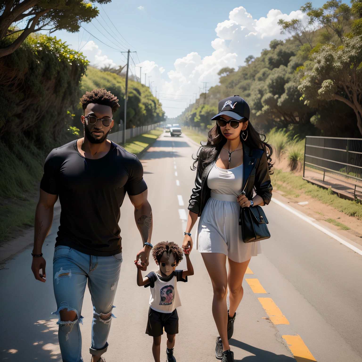 UM CASAL NEGRO ANDANDO COM SUA FILHA, CHILD BY THE ROAD