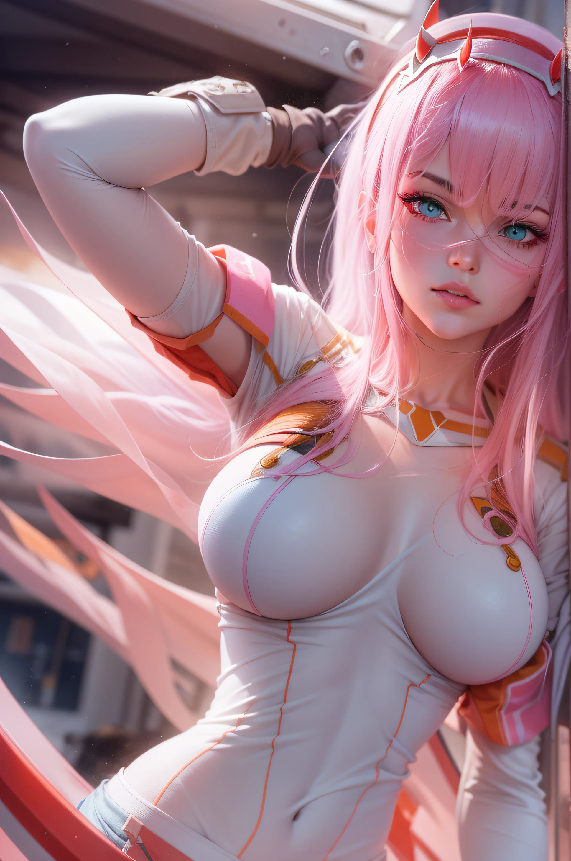 ((Zero Two Darling en el Franxx)), 8K, Masterpiece, Best quality, Photorealistic, Ultra-detailed, 1 girl, Realistic skin texture, Large breasts, perfect pink erected nipples, Gaze towards the viewer, ((we see her ass open)), Loose half-cut T-shirt,, underboobs, under boobs, Micro Mini Skirt, , Movie lighting, Face focus, Fine eyes, Detailed face, Well-lit face, rays of sunshine, Outdoor ciberpunk city in the background, low angle shot, View from below