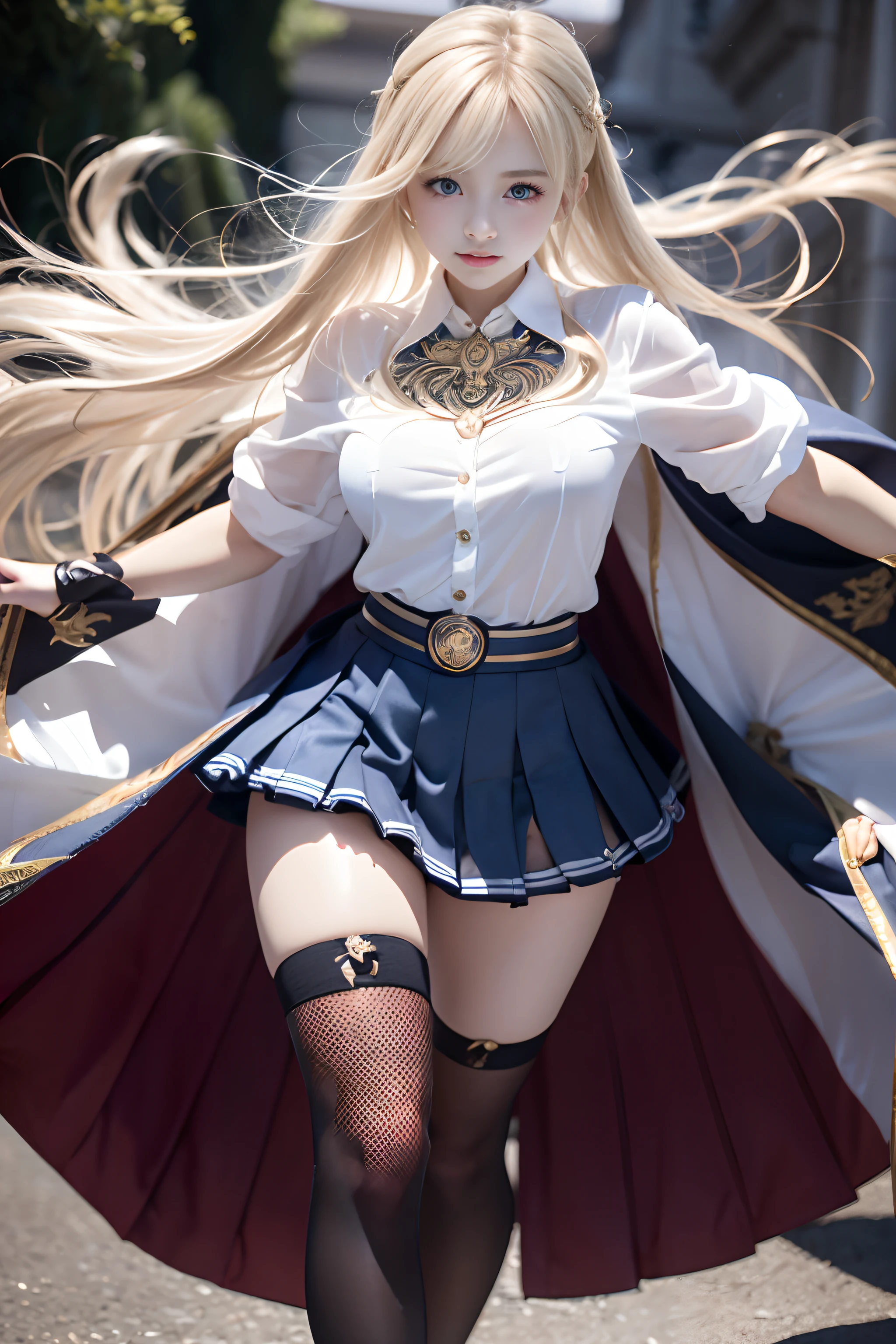 realistic, High resolution, soft light,1 female, alone, hip up, glowing skin, (detailed face),tattoo, jewelry, Strange Uniforms, black stockings, garter belt, night, blonde hair, wavy hair, beautiful soldier, Eyes that invite the viewer, spouse'point of view, attractive appearance, sexy smile, perfect style, perfect balance, fine skin, naughty look, I can see your breasts