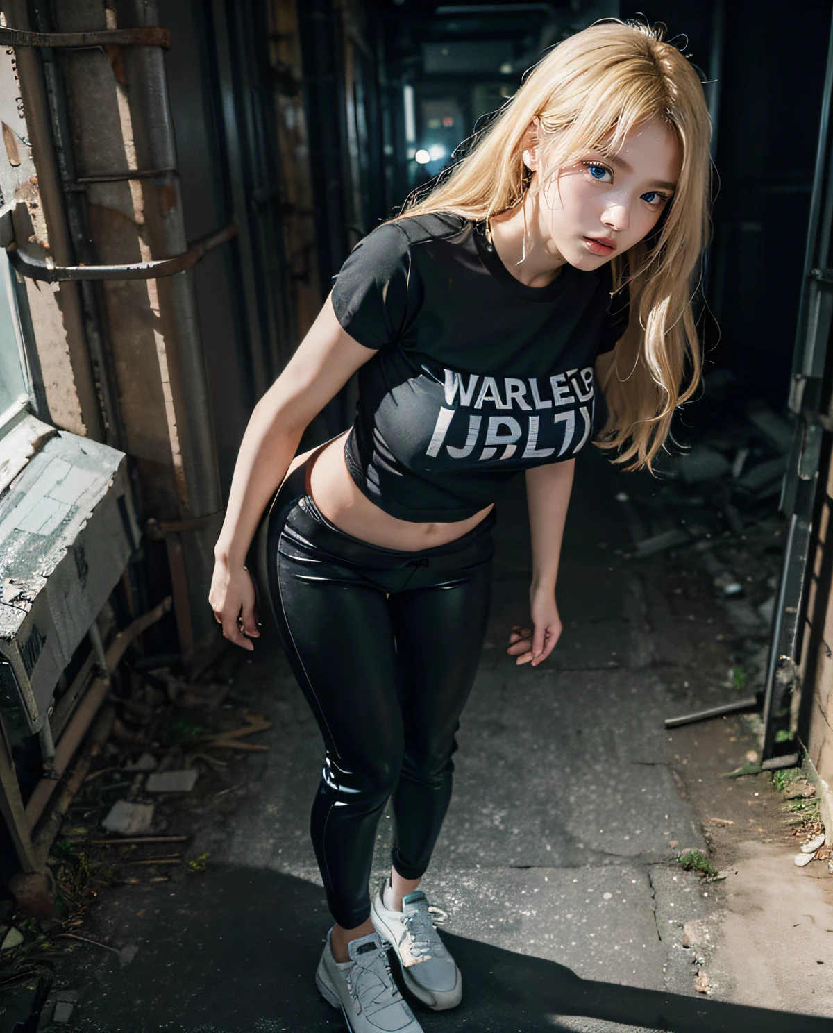 1girl, (Blue Eyes), (Sana Minatozaki), wide hips, Big Boobs, big ass, (Best Quality, 8k, Masterpiece: 1.3), Clear Focus: 1.2, Perfect Body Beauty: 1.4, Slender Abs: 1.2, Highly detailed face and skin texture, detailed eyes, double eyelids, (blonde long hair), (black t-shirt), (black lycra pants), (sneakers), standing, urban exploration in an abandoned factory at night