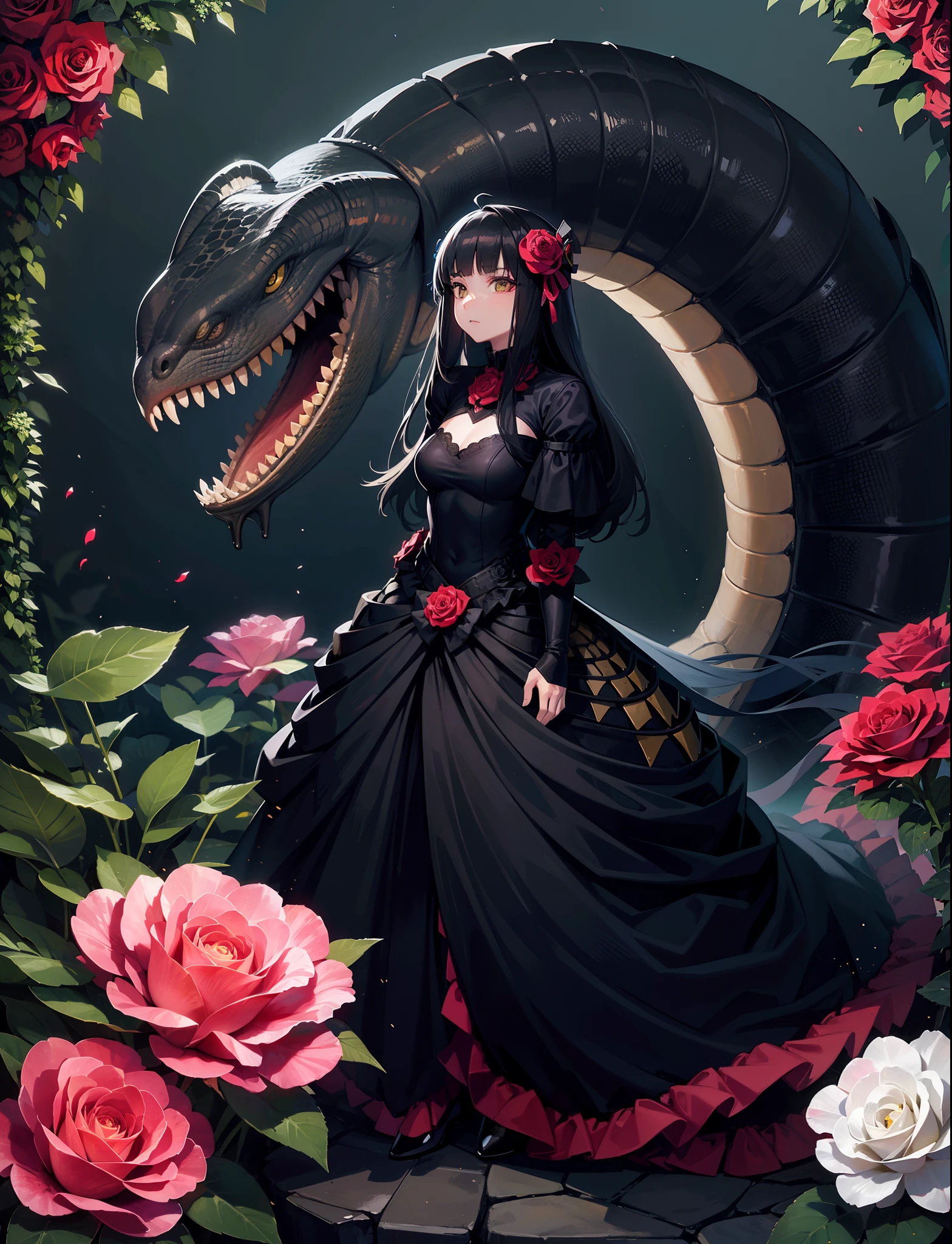 A girl fused with a moray eel. Two moray eels grow from the body. Monster's Mouth.Black Dress.flower gardens. Rose Queen. Full body image.