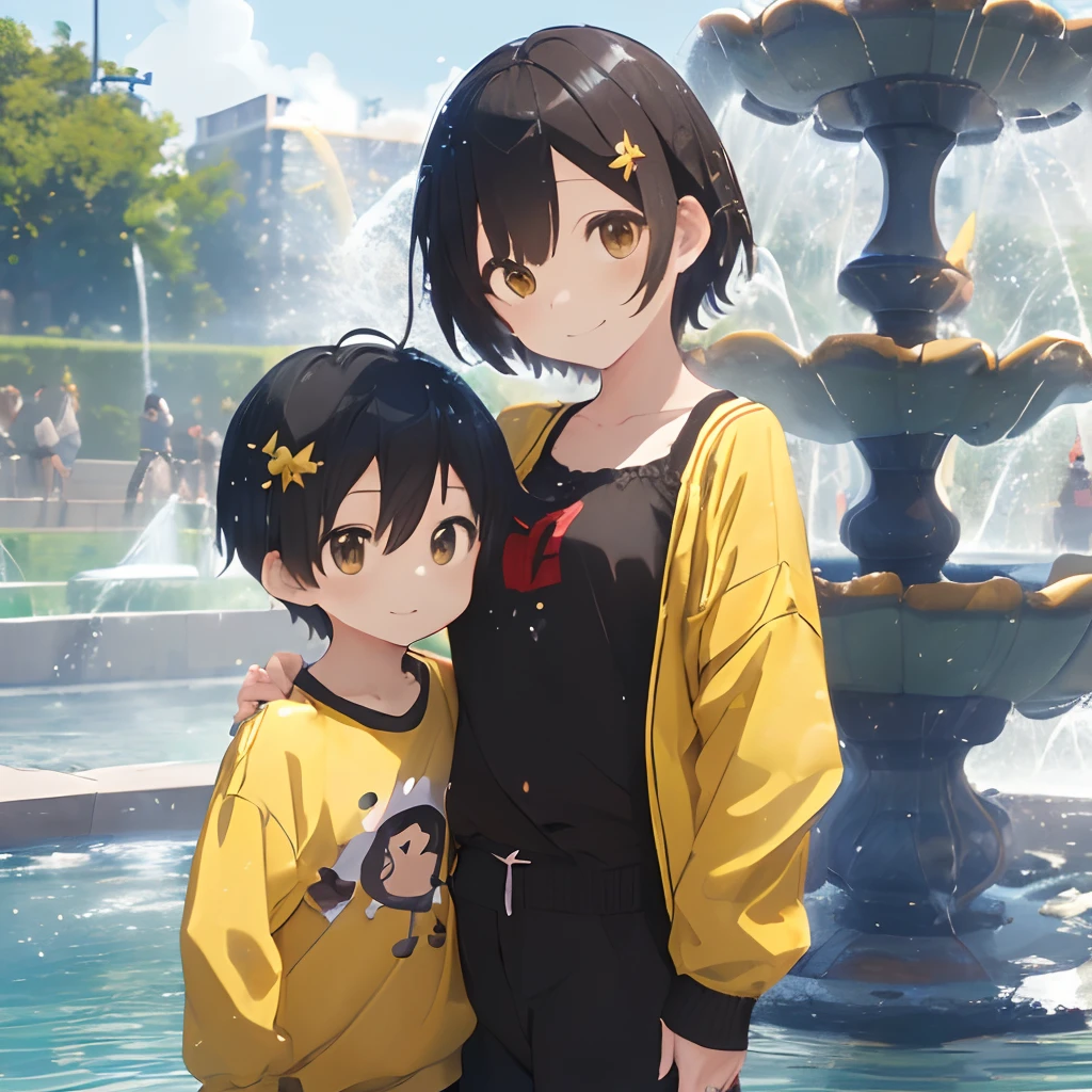 (masutepiece, Best Quality, Capture super cute moments, depth of fields, ultra-detailliert, Ultra High Resolution, C4D, Octadale, 3D Modeling, 8K, one girls、25-years old、A dark-haired、straight haired、Light brown eyes,hair adornments、Yellow jacket、Black pants、(ssmile)、2 year old short-haired boy、Red clothes、(Mother and short-haired son)、(Splashing in the fountain)、(play together)(ssmile)、Son looks at mother