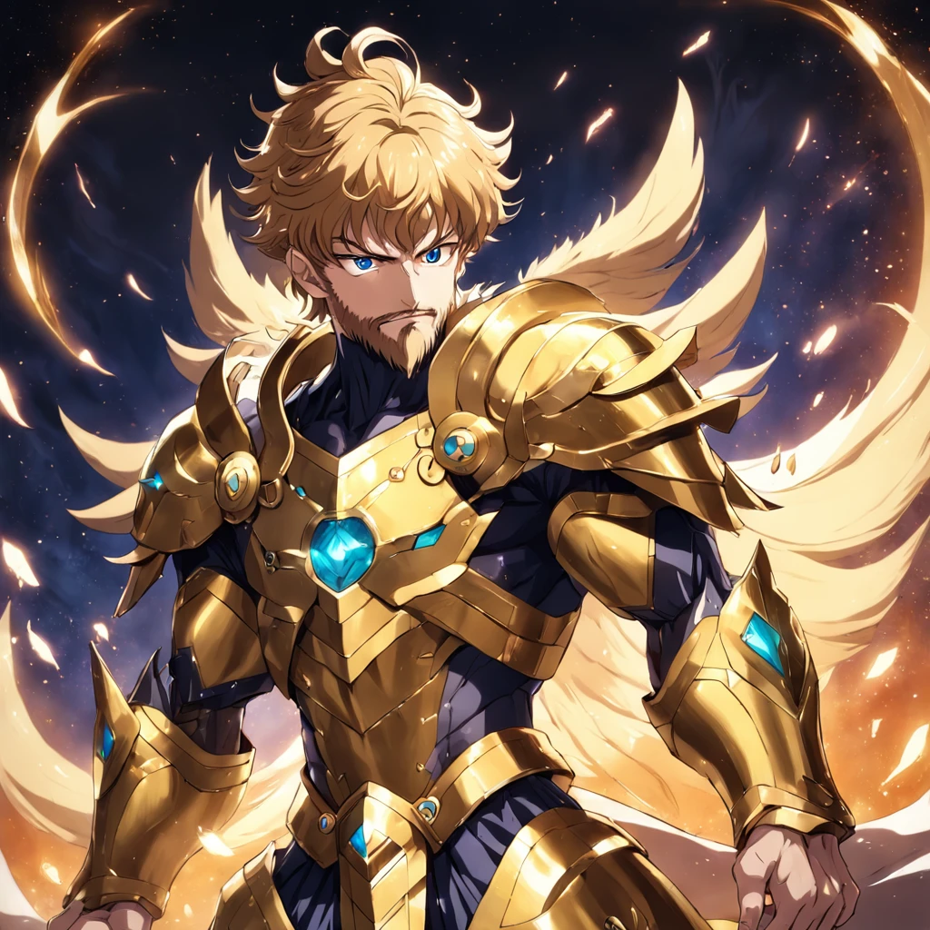 a man with a beard and Aries Golden Armor, estilo do anime Saint Seiya