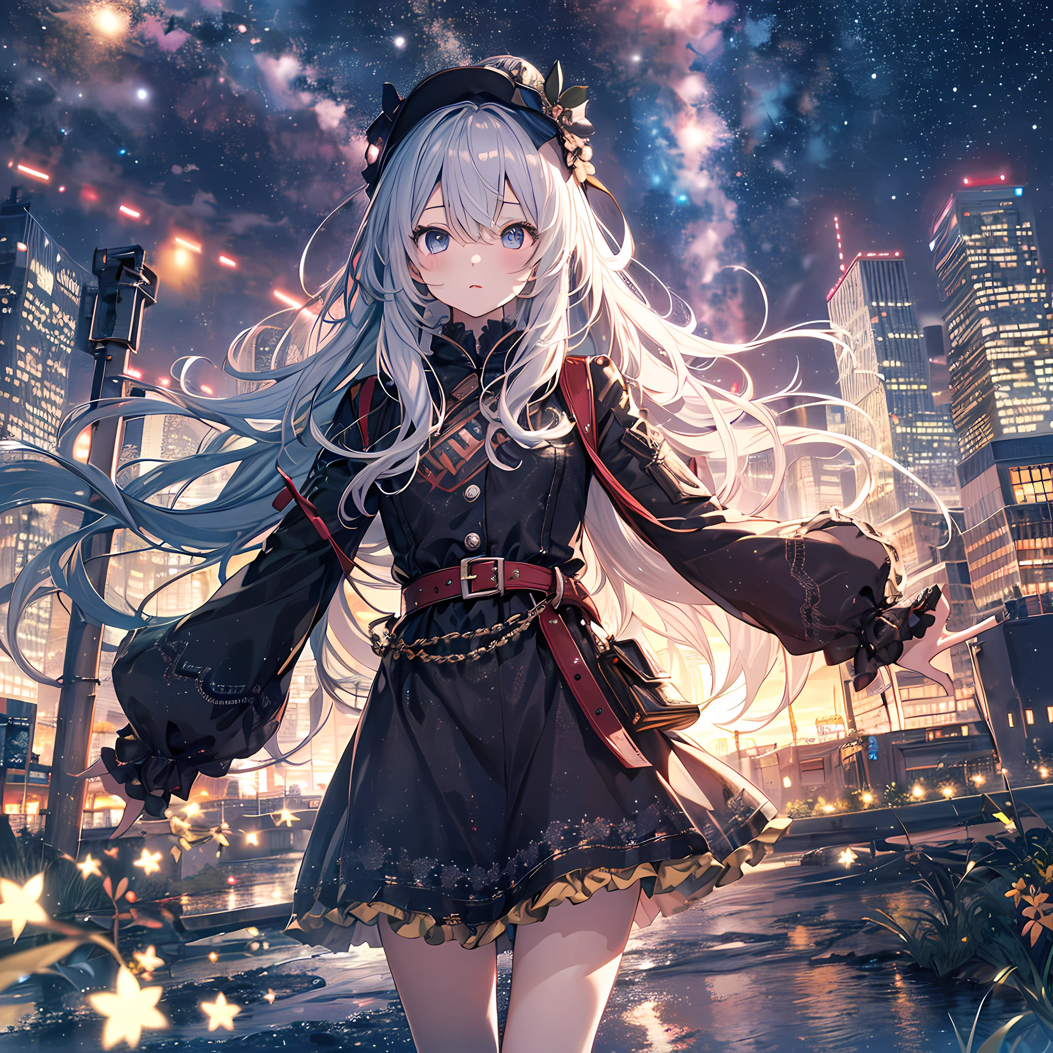 ultra detailed game CG, (High resolution:1.1),(absurderes:1.1), 1girl in, Girl, Solo, Simple Anime, nightcity, Overlooking the night view from a height