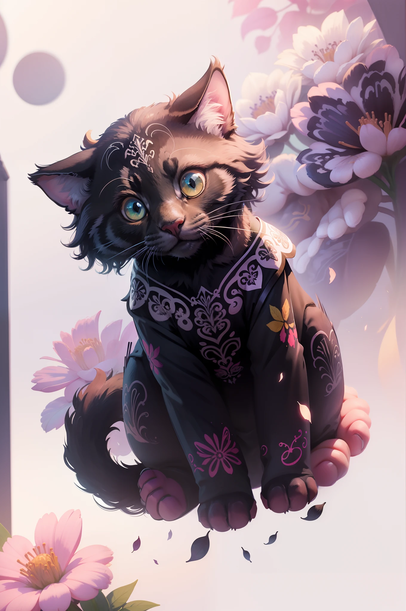 vector t-shirt art ready for colorful flowers of cute black cat, frontal perspective, action shot, vibrant color, high detail, white background, logo design, neo traditional tattoo style, 2D, planar vector, character design, fantasy art, watercolor effect, digital painting,