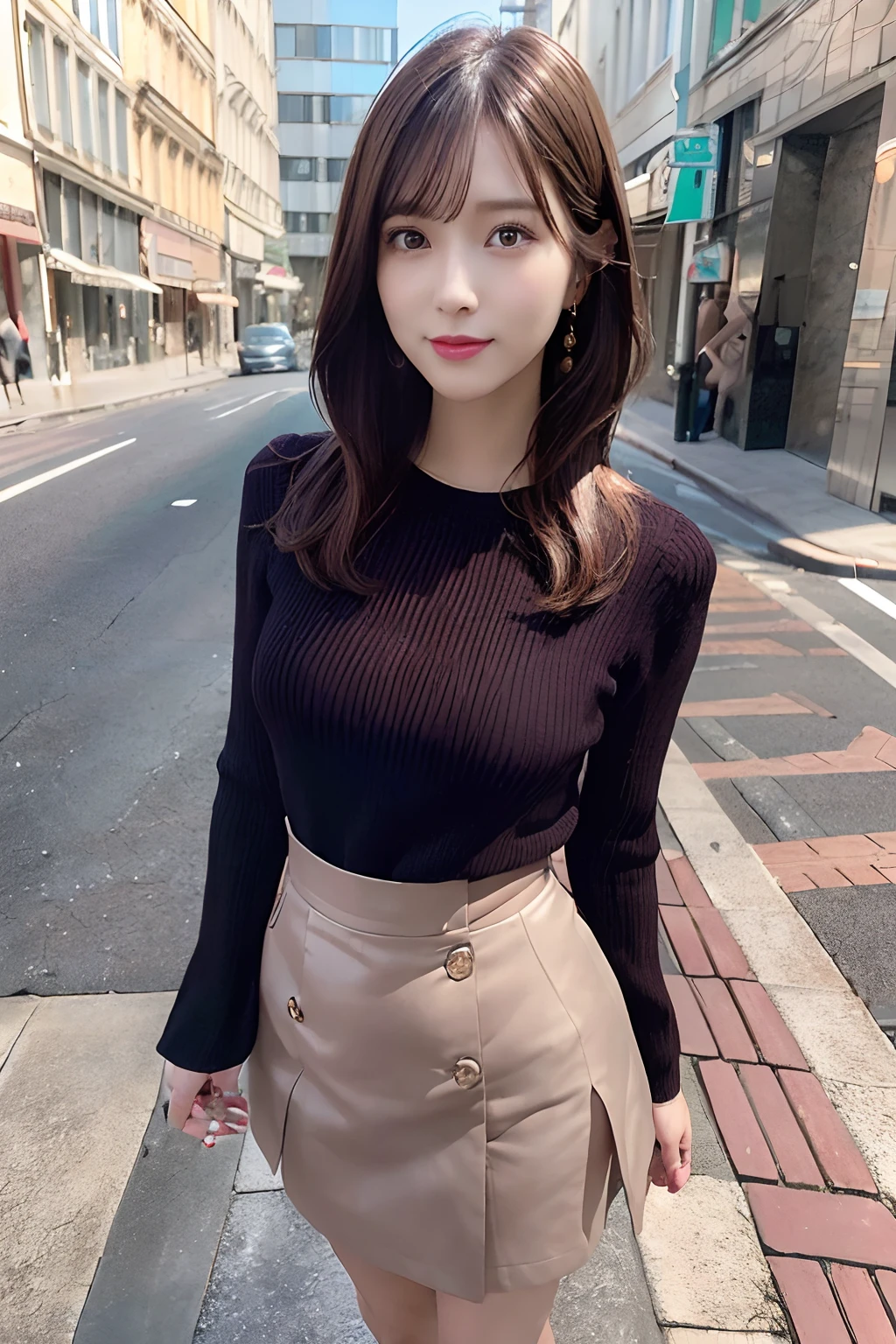 (Best Quality), masutepiece, (photographrealistic:1.4641), The 8k quality, 1 beautiful woman, (Full body:1.21), dark brown hair, Short hair, front, Detailed face, Beautiful eyes, Looking at Viewer, Laugh, light-colored blouse、Beautiful skirt、walking on street, 22year old、full body Esbian、Angle of pull、