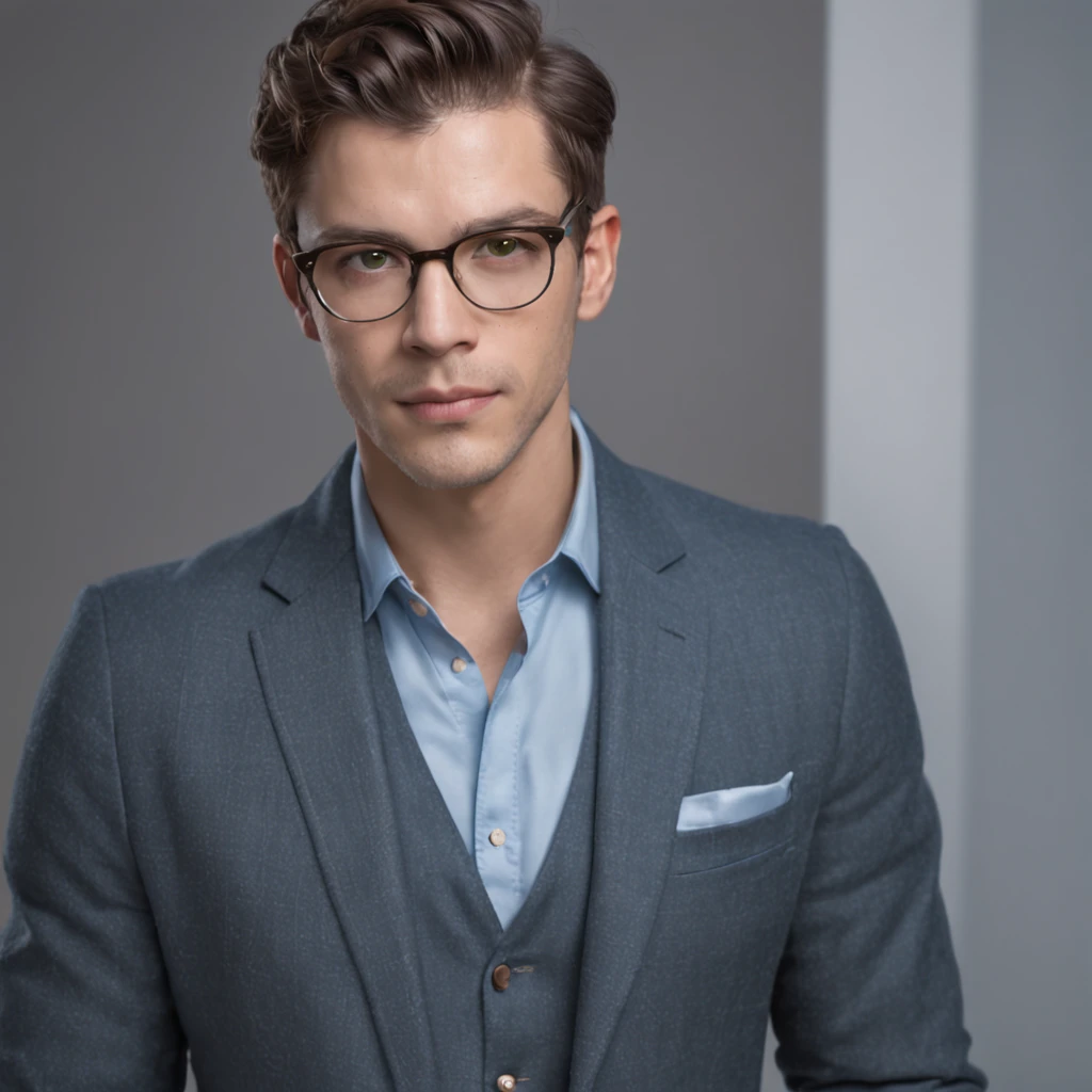 foto realista , 3 d profissional, homem alto e forte, cabelos castanhos, green eyes and modern glasses,conceito arte, liso,pintura digital, veste terno azul e camisa branca, luz de estudio