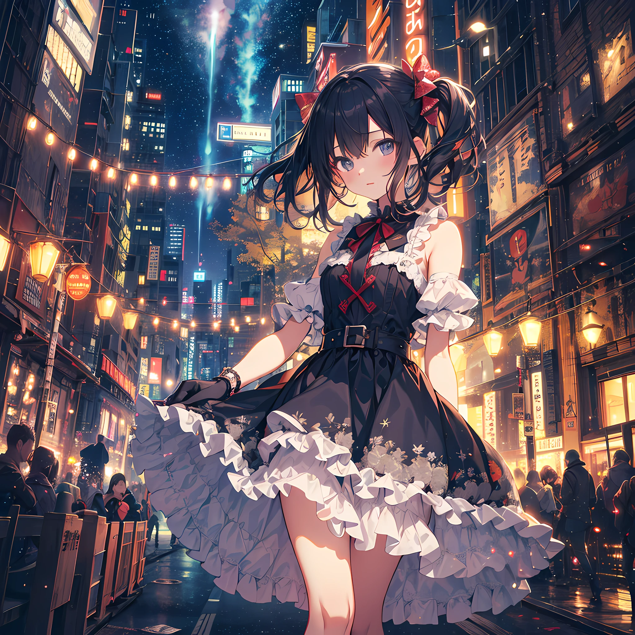 ultra detailed game CG, (High resolution:1.1),(absurderes:1.1), 1girl in, Little Girl, Solo, Simple Anime, nightcity, Overlooking the night view from a height