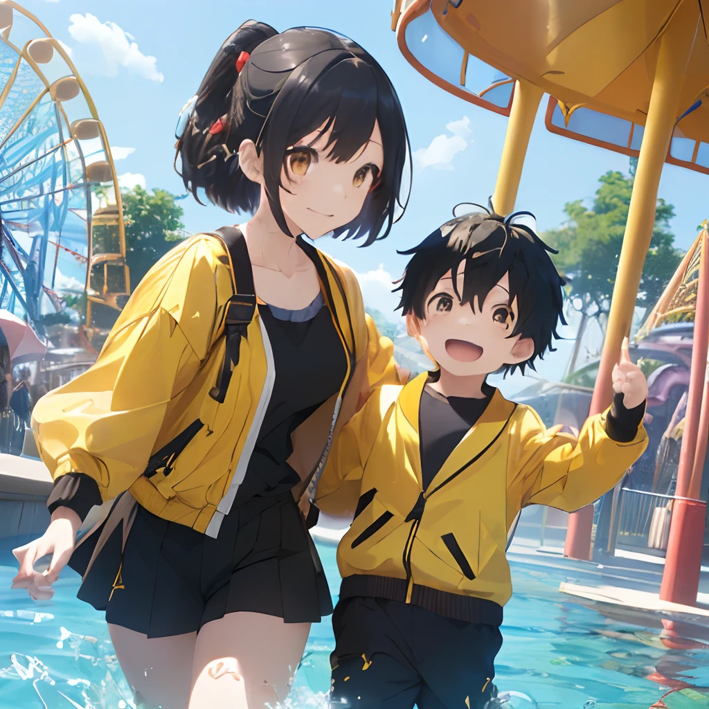 (masutepiece, Best Quality, Capture super cute moments, depth of fields, ultra-detailliert, Ultra High Resolution, C4D, Octadale, 3D Modeling, 8K, one girls、25-years old、A dark-haired、straight haired、Light brown eyes,hair adornments、Yellow jacket、Black pants、(ssmile)、2 short-haired boy、Red clothes、(Mother and son)、(Being in an amusement park)、(Playing in the water together)、Height difference:1.5