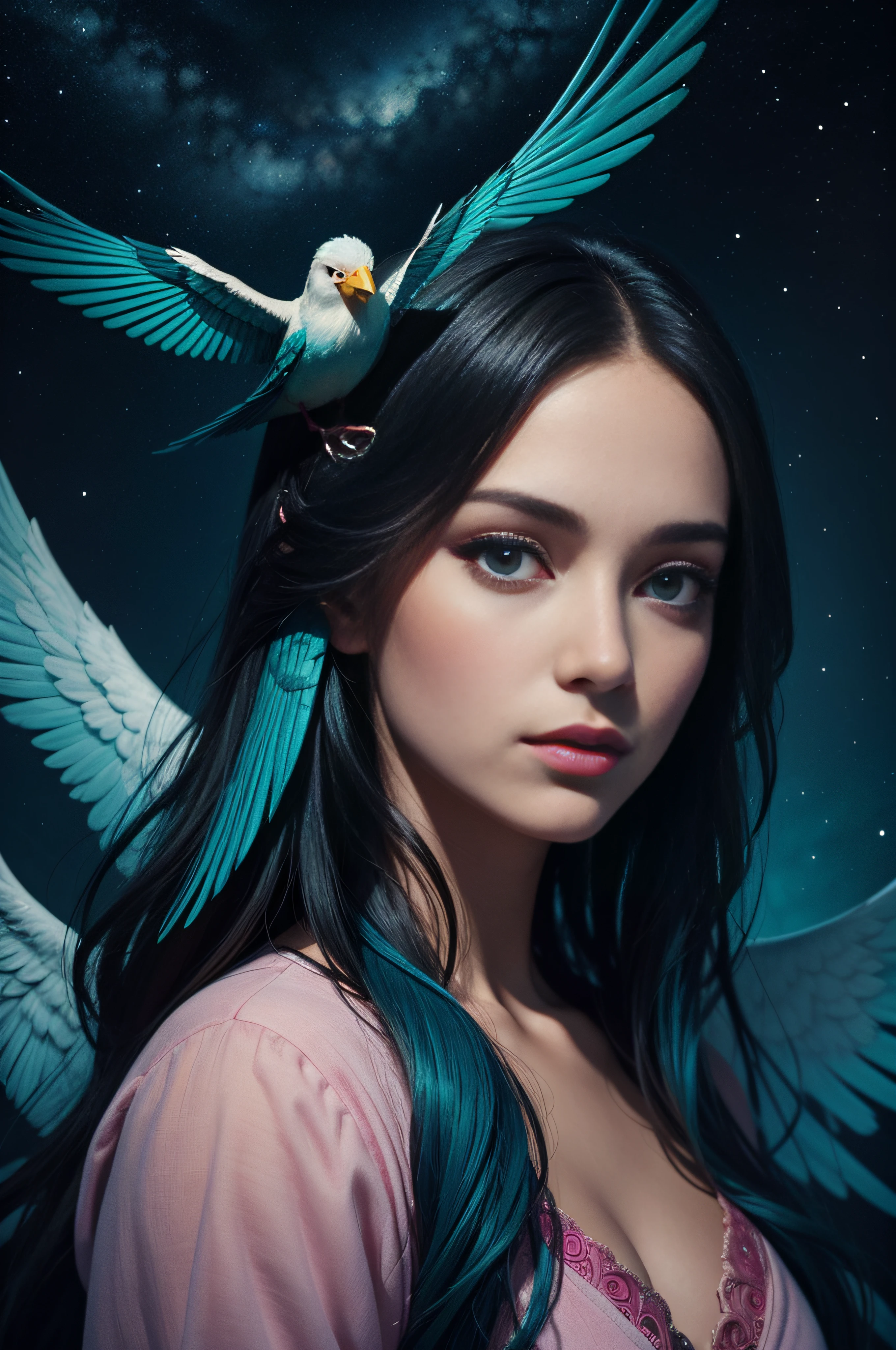 a woman with her hair down and with the face of an angel, in the style of cosmic fantasy, life-like avian illustrations, playfully intricate, luminous skies, dark teal and light magenta, serene faces, realistic color schemes