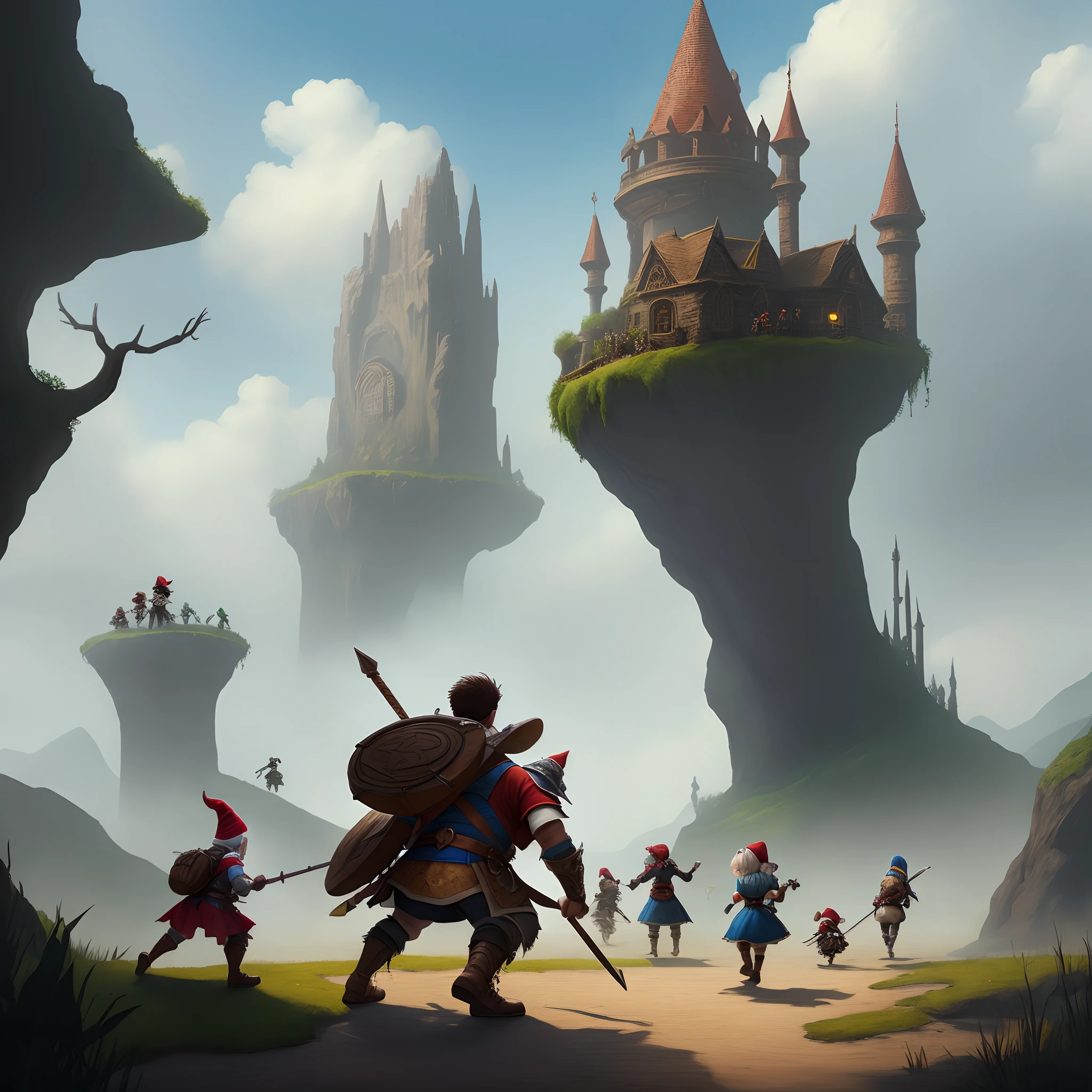 A fantasy world being invaded by gnomes and magicians and a warrior fighting everyone.