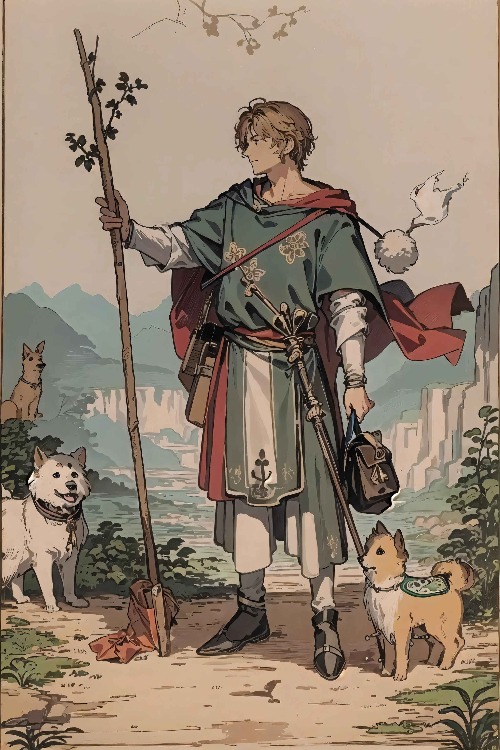 tarot card, the fool, man, bindle, stick and bag, cliff, dog