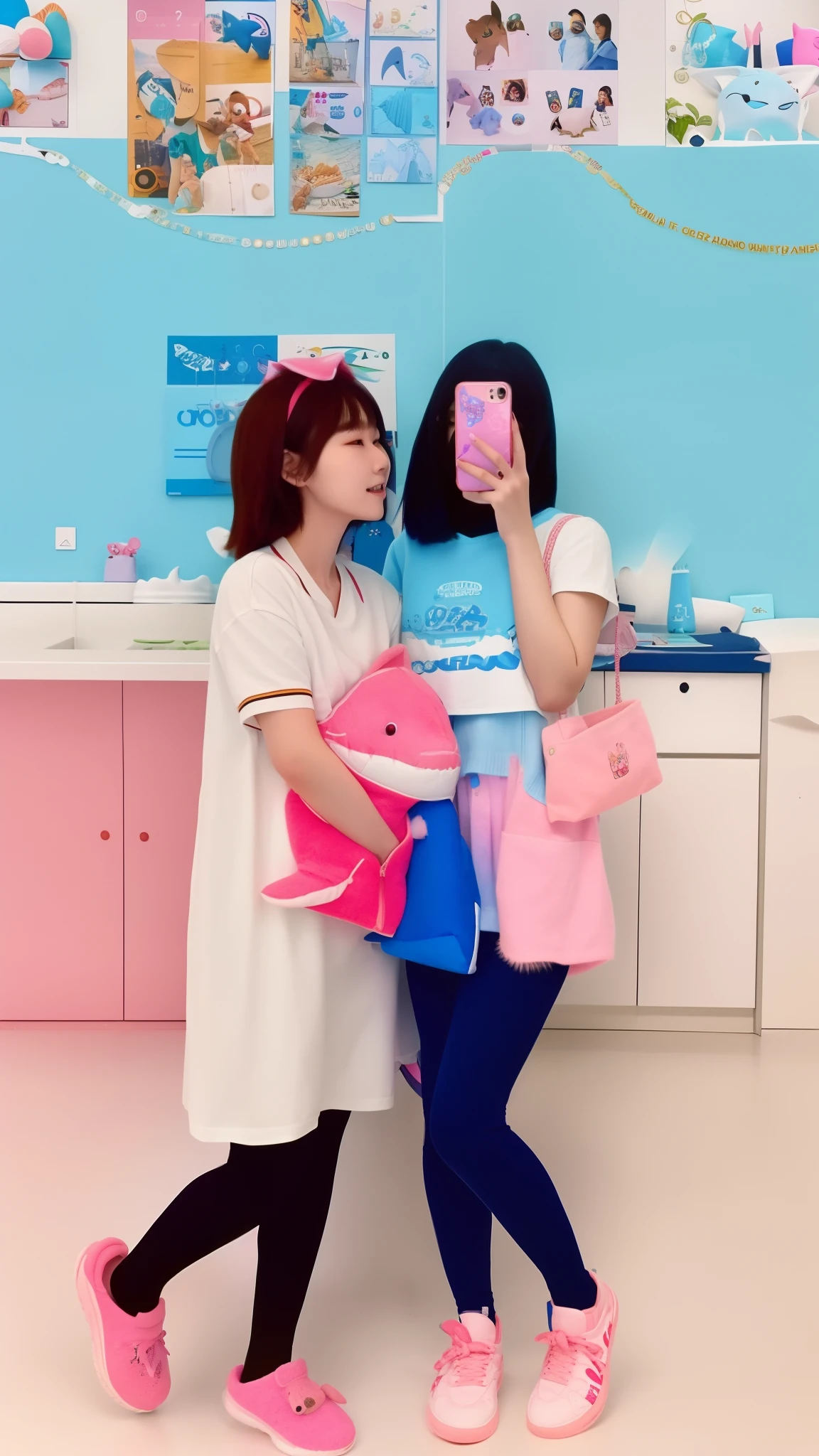 two women standing in a room with a stuffed shark and a phone, very very low quality picture, profile pic, ulzzang, taken in 2 0 2 0, low quality photo, profile picture 1024px, photo taken in 2 0 2 0, 😭 🤮 💕 🎀, profile picture, e - girl, e-girl, size difference