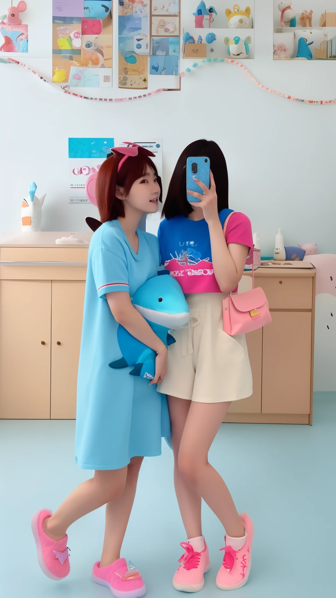 two women standing in a room with a stuffed shark and a phone, very very low quality picture, profile pic, ulzzang, taken in 2 0 2 0, low quality photo, profile picture 1024px, photo taken in 2 0 2 0, 😭 🤮 💕 🎀, profile picture, e - girl, e-girl, size difference