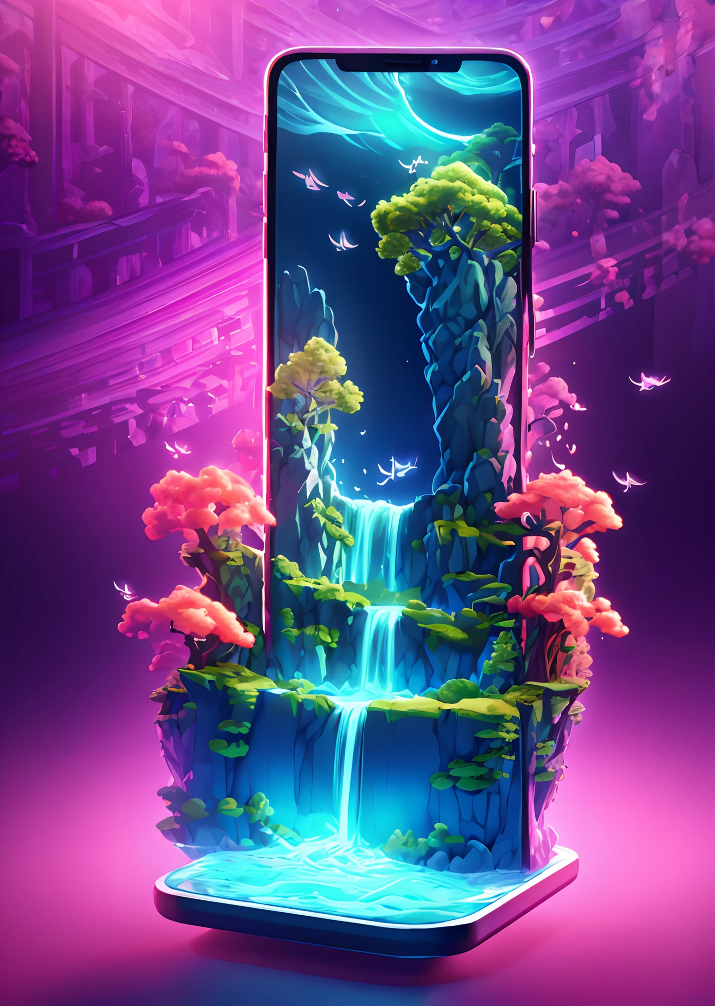With the phone as the background，Three-dimensional feeling，3D stereoscopic，tmasterpiece，Best quality at best，Extremely beautiful reflection，The best reflections。（Very detailed CG unity 8K wallpaper），（Best quality at best），（The best illustrations），（The best shadow），Forest theme with natural elements。Tall trees，quiet streams，Glowing small mushrooms，surrounded by exquisite leaves and branches，There are also fireflies and glowing particle effects，，（nature elements），（Jungle theme），（Foliage），（tree branch），（glowworm），butterflys，（exquisite leaves），（with light glowing），（Particle effect）。 , Isometric 3D, Octane rendering, Ray traching, ultra-detailliert
