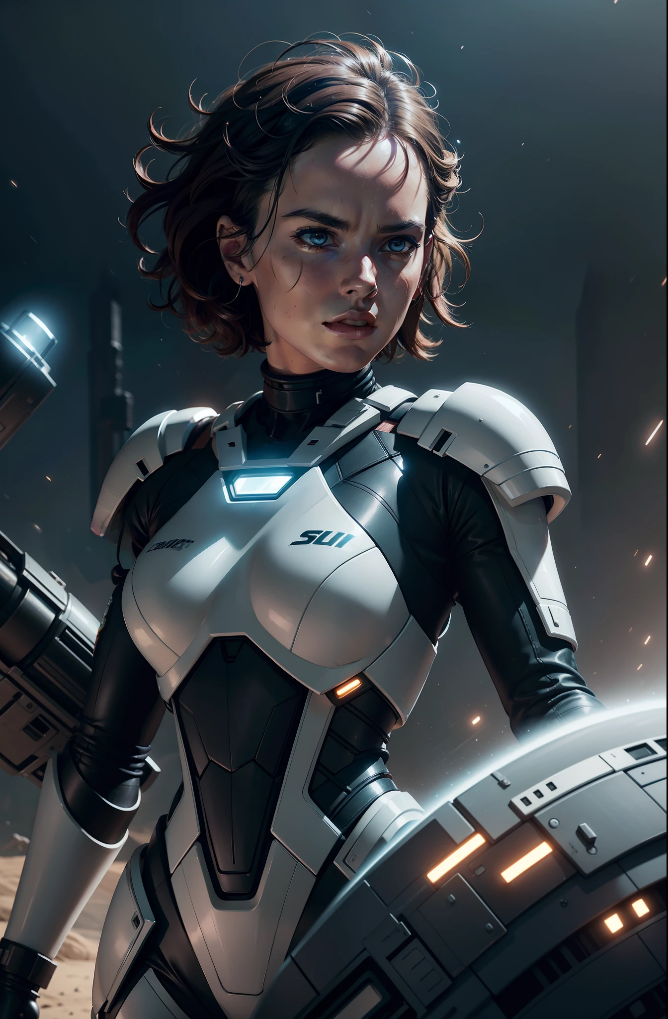 a close up action of epic Sci fi hot Daisy Ridley in a sci fi tech suit clothes cabelos longos brancos, Detailed clothing details, Liquid effect, space, heavenly body, Interstellar battlefield photography, natural light, photorealism, cinematic rendering, ray tracing, the highest quality, the highest detail, Cinematic, Third-Person View, Blur Effect, Long Exposure, 8K, Ultra-HD, Natural Lighting, Moody Lighting, Cinematic Lighting