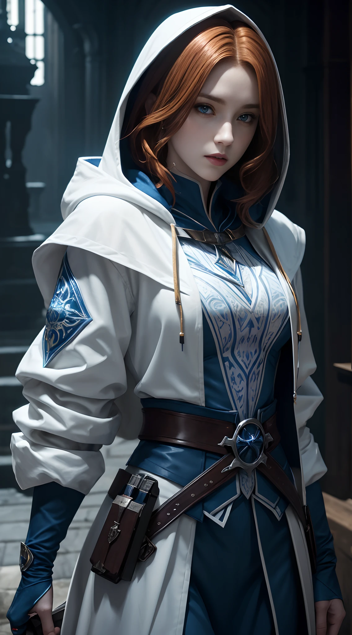 a beautiful 20 years old female vampire hunter with short straight ginger hair, pale skin, cheerful looking, wearing a white and blue hooded assassin outfit, waist up shot, dynamic pose, ambient lighting, photo realism, intricate face detail, intricate hand details, highly detailed, vibrant colors, cinematic, high definition, trending on Artstation--style raw