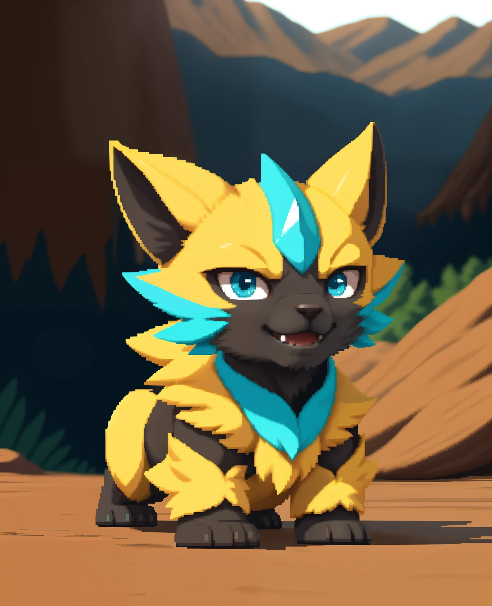(high detail, film photography, soft focus, soft shaded, RAW candid cinema, photorealism:1.2, realistic, photorealistic:1.4, analog style, subsurface scattering, masterpiece, best quality, ultra realistic, 8k),, zeraora, Pokemon, yellow, fur, blue eyes, smiling, cute, masterpiece, full body,, , anatomically correct, game pokemon, pixer art