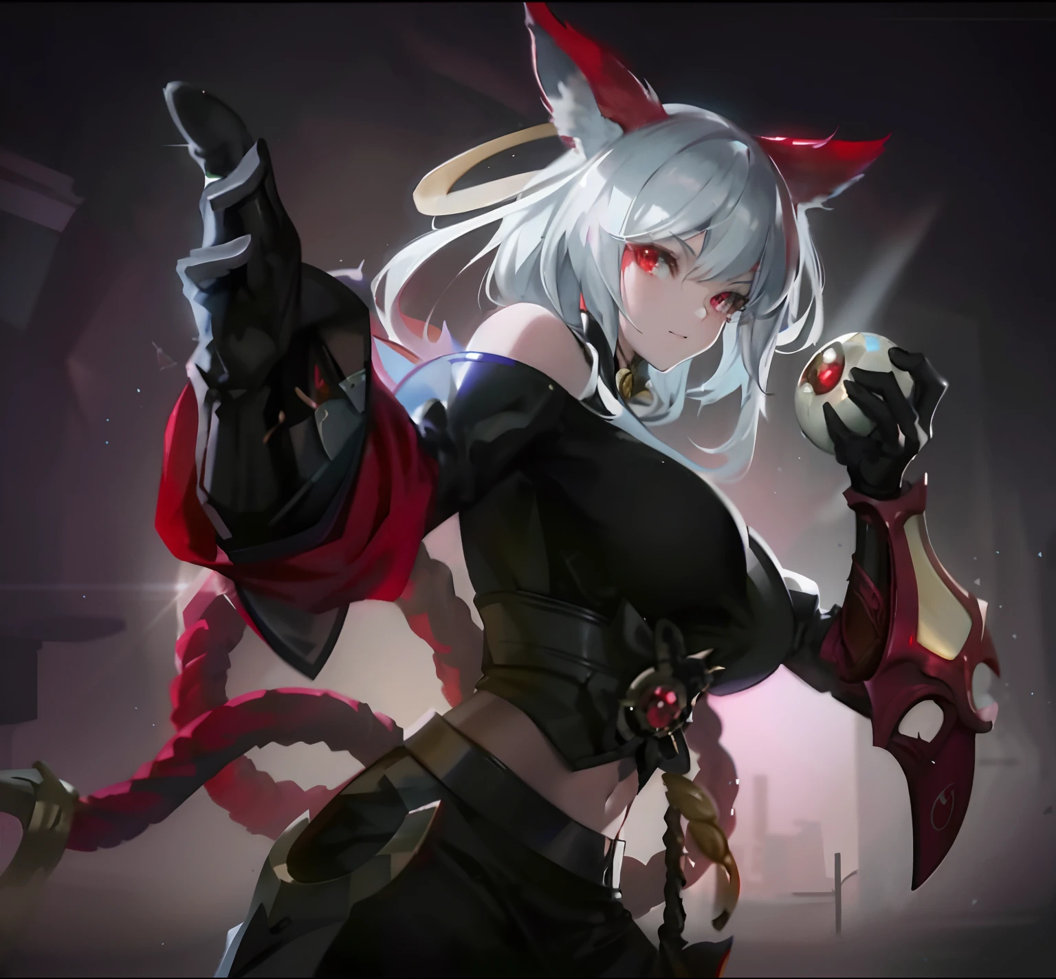 Close-up of a man with cat ears and a red cape, ahri, iconic character splash art, character splash art, female rouge assassin, League of Legends character, portrait of ahri, style league of legends, Onmyoji detailed art, onmyoji, Katana Zero video game character, Style Artgerm, from league of legends