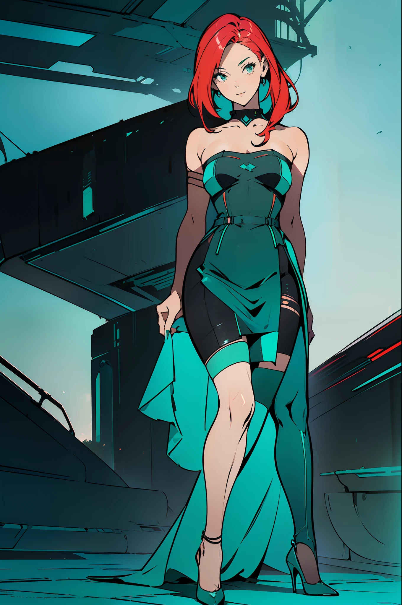((Best Quality)), ((Masterpiece)), ((Realistic)) 19 year old, redhead girl, shoulder length hair, relaxed happy face ((slender)) (busty) ((long legs)) ((high heels)) ((( dark turquoise bodycon strapless dress ))) ((( mini skirt ))) ((sexy )) cyberpunk attire, textured pixie haircut , full shot. beautiful face,