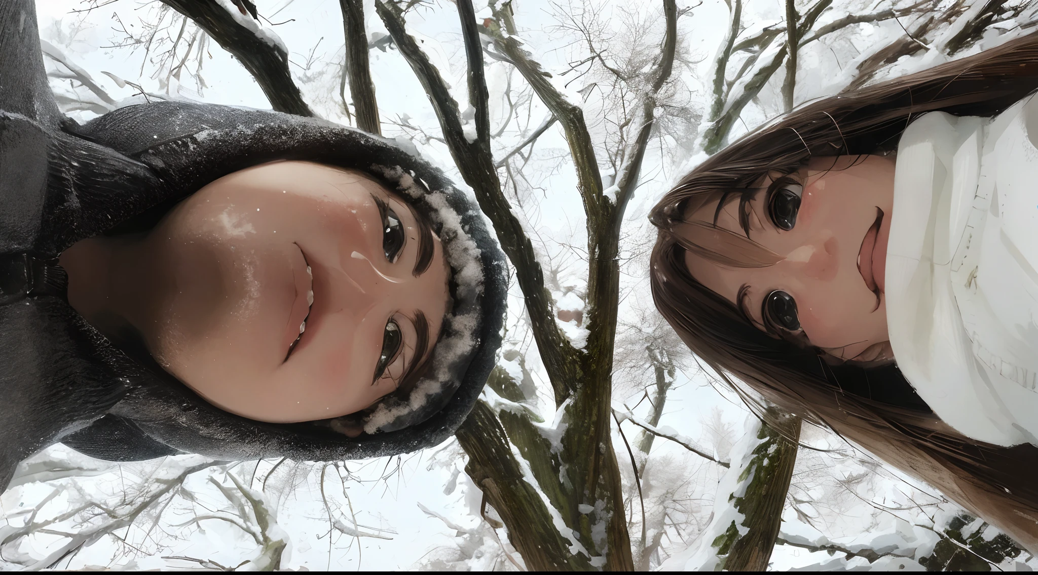 two people standing next to each other in front of a tree, looking down at camera, detailed faces looking down, wide - angle portrait, 8k selfie photograph, in the snow, in snow, distorted photo, in a tree, fisheye portrait, wide angle dynamic portrait, anime style