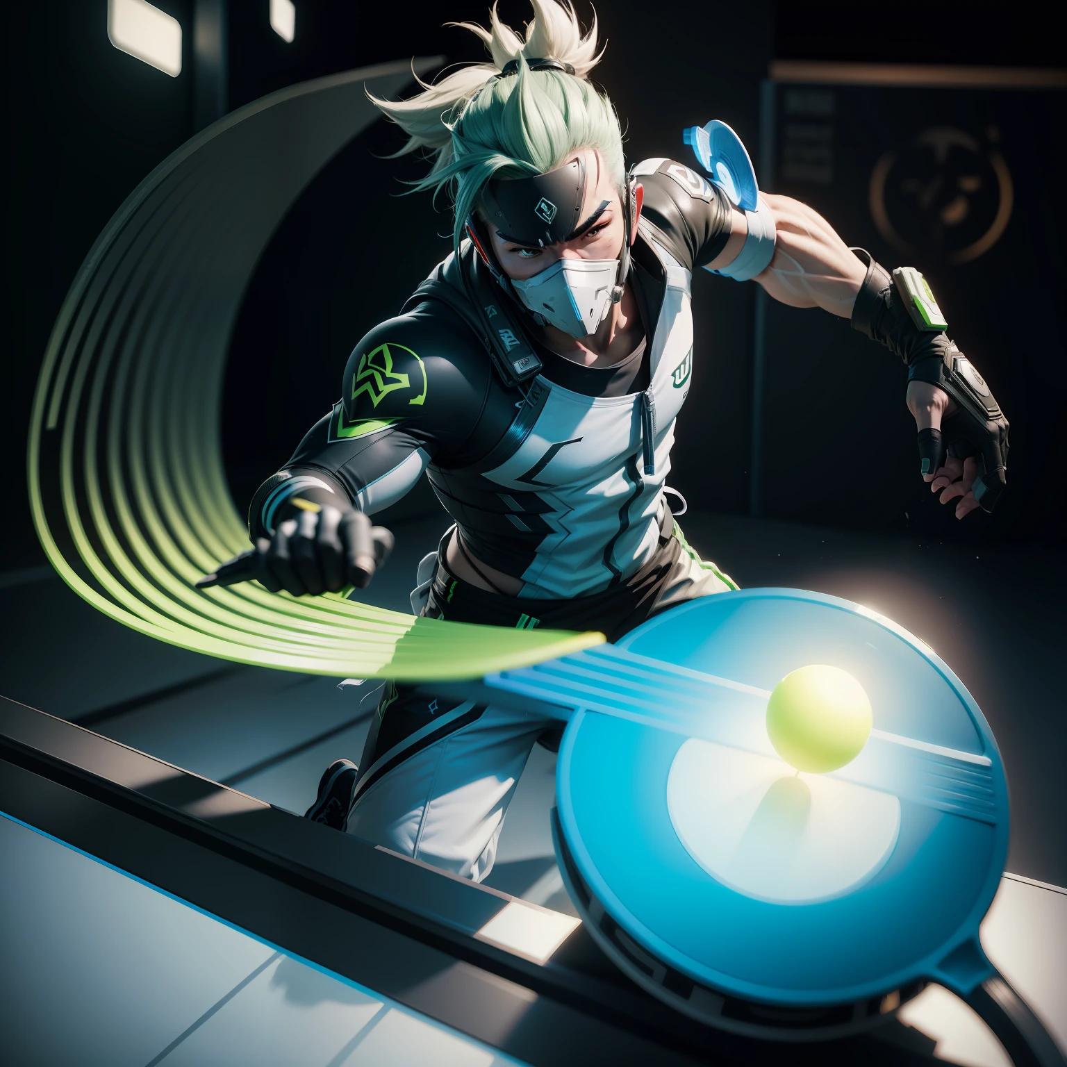 Genji from overwatch playing ping pong high contrast, 3D, 4K,super resolution, Massive scale, Overglaze, in a symbolic and futuristic style, Ultra realistic