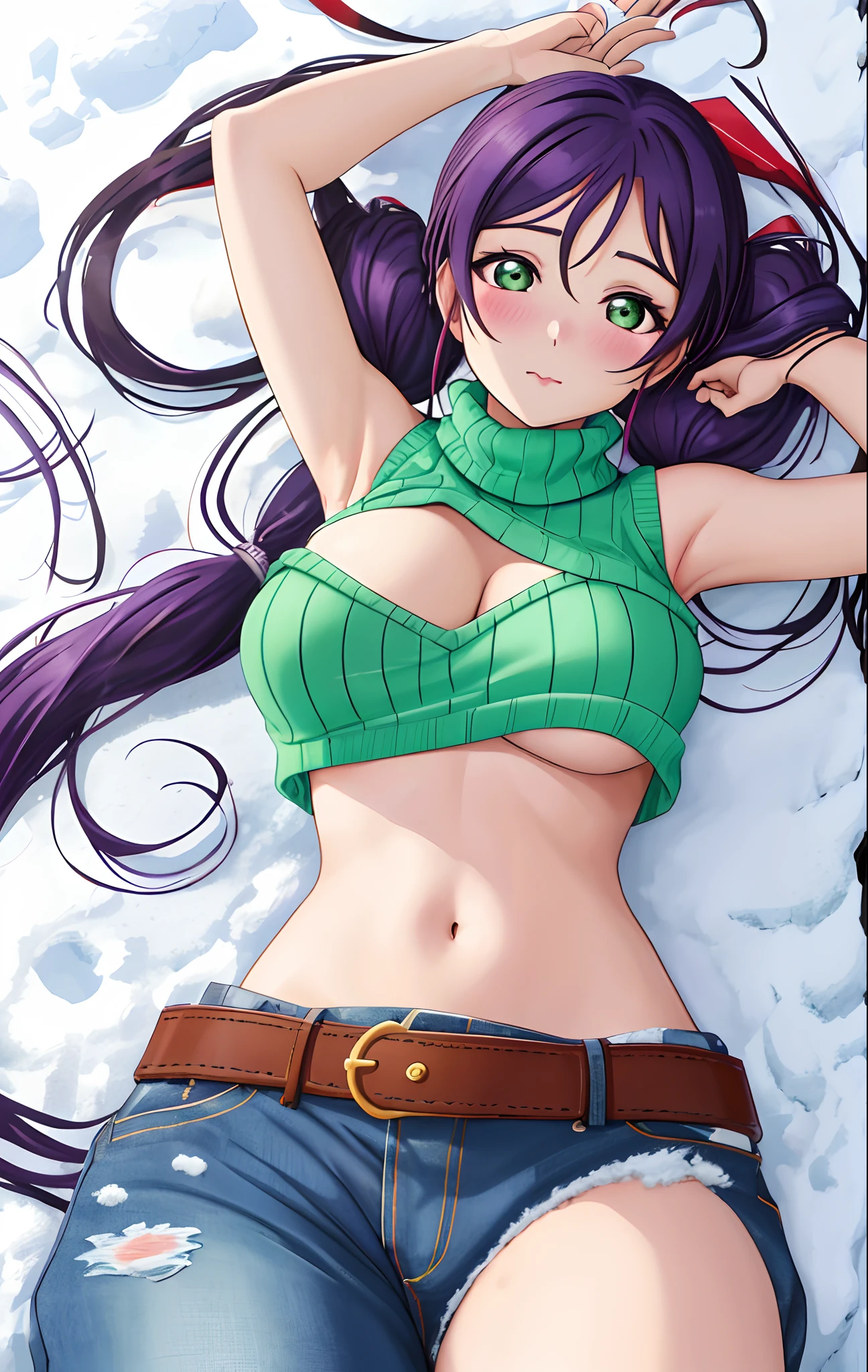 Toujo nozomi, green eyes, low twintails, sweater, sleeveless,midriff,(sexy navel),red moist navel,denim pants,belt, hips, llchar,big breasts, outdoors, laying on ground, pov,snow, blushing,arm up, underboobs