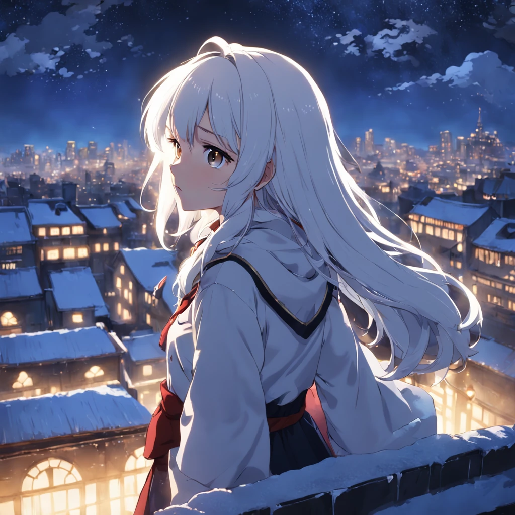 Gentle Night, Girl on the roof, snow-white hair, golden eyes, reverie, city backdrop, the anime.