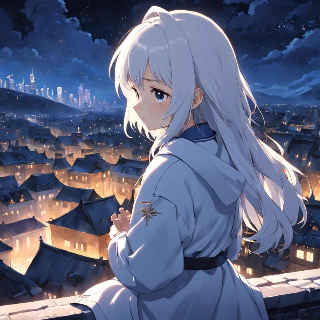 Gentle Night, Girl on the roof, snow-white hair, golden eyes, reverie, city backdrop, the anime.