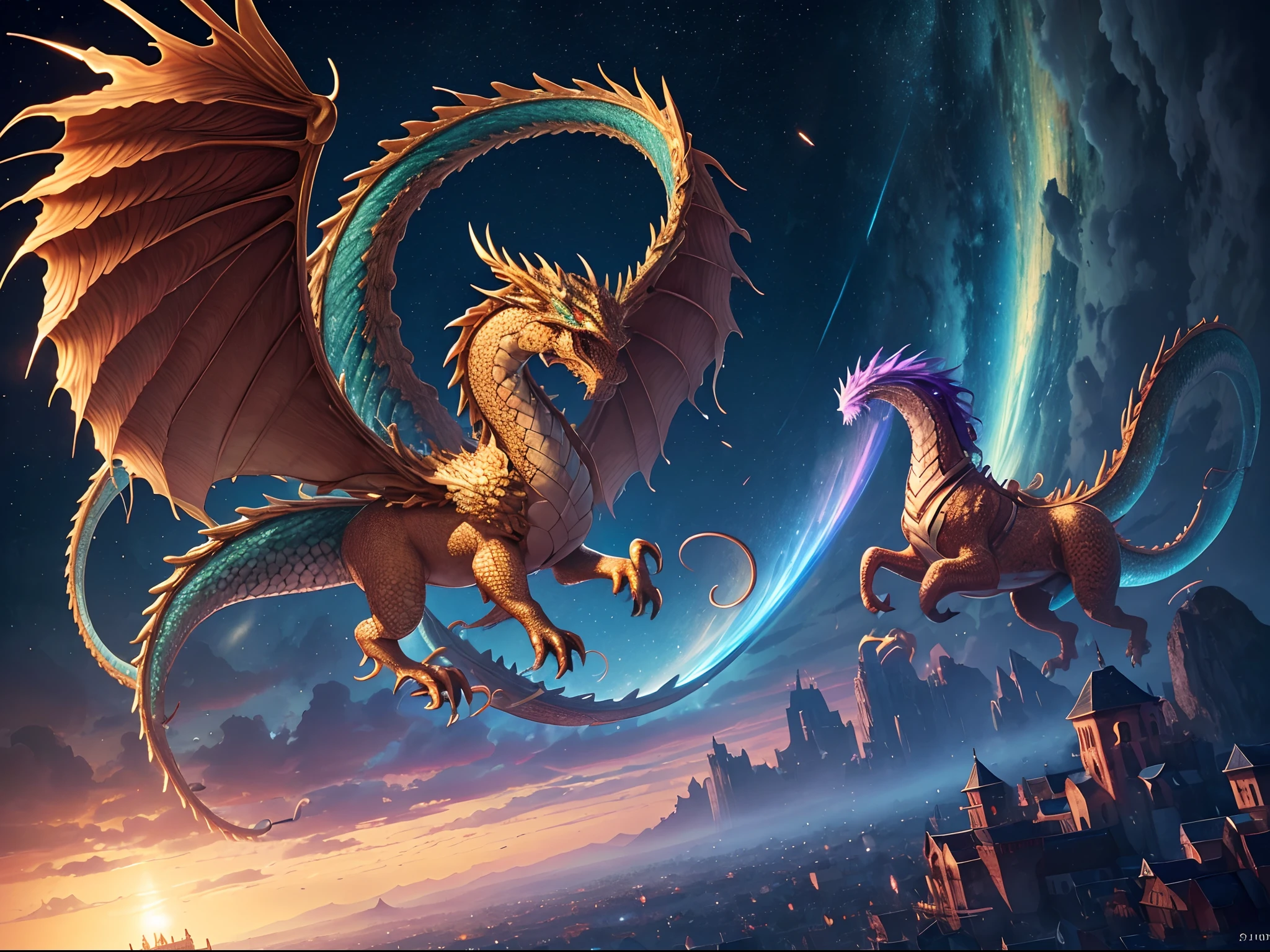 (Masterpiece, Top Quality, Best Quality, Ultimate Detail, Highest Detail, Official Art, Beauty & Aesthetics: 1.2), Golden Ratio, Full Composition, official art, Unity 8k wallpaper, super detailed, beautiful, (fractal art: 1.4), the school girl is riding on the rainbow dragon, flying over the town, full body, crystallineAI, from below, splash