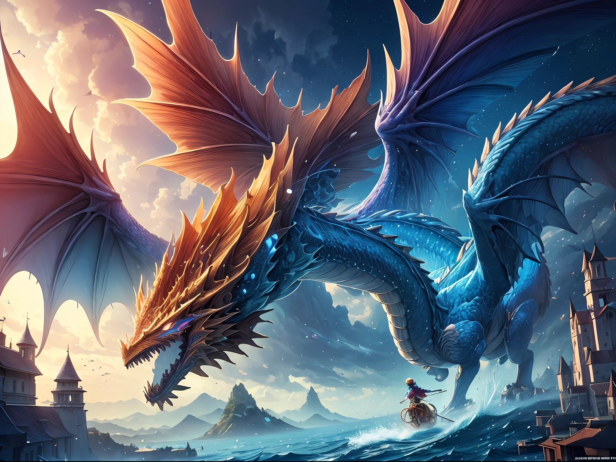 (Masterpiece, Top Quality, Best Quality, Ultimate Detail, Highest Detail, Official Art, Beauty & Aesthetics: 1.2), Golden Ratio, Full Composition, official art, Unity 8k wallpaper, super detailed, beautiful, (fractal art: 1.4), the school girl is riding on the rainbow dragon, flying over the town, full body, crystallineAI, from below, splash