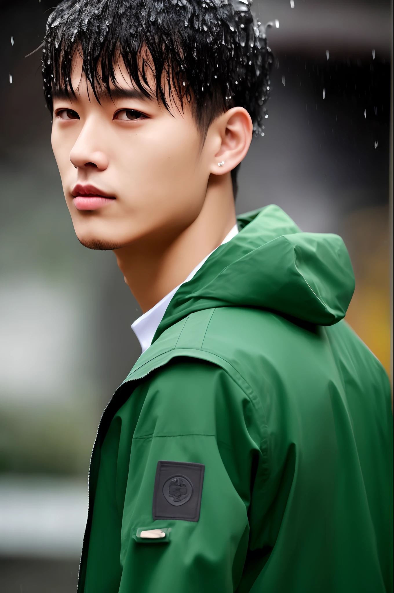 green color，shinning，short detailed hair，Get wet，Handsome