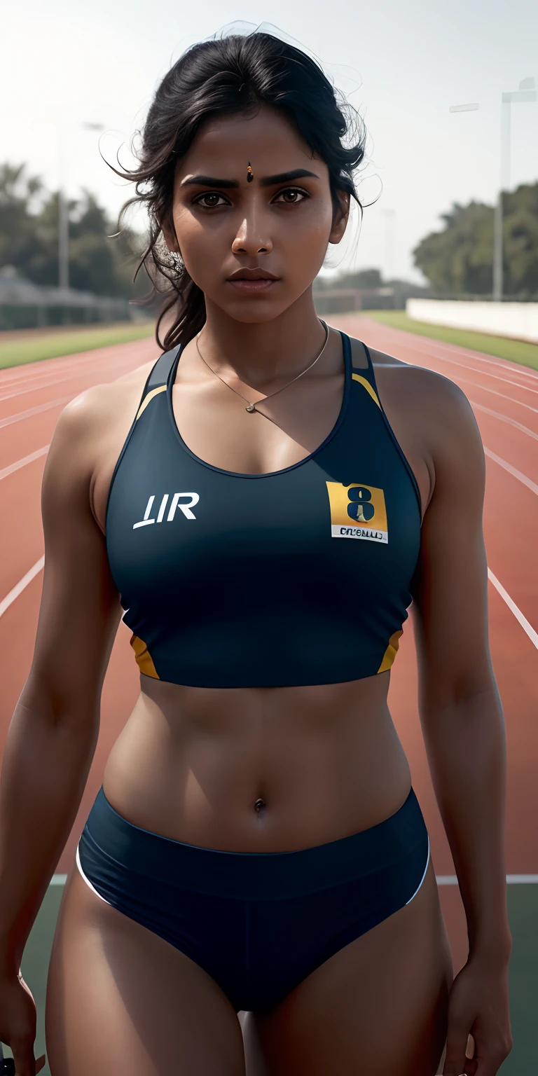 beautiful mature Indian college girl, in track outfit, outside on track field, ((slim, petite)), photorealistic, photo, masterpiece, realistic, realism, photorealism, high contrast, photorealistic digital art trending on Artstation 8k HD high definition detailed realistic, detailed, skin texture, hyper detailed, realistic skin texture, armature, best quality, ultra high res, (photorealistic:1.4),, high resolution, detailed, raw photo, sharp re, by lee jeffries nikon d850 film stock photograph 4 kodak portra 400 camera f1.6 lens rich colors hyper realistic lifelike texture dramatic lighting unrealengine trending on artstation cinestill 800,