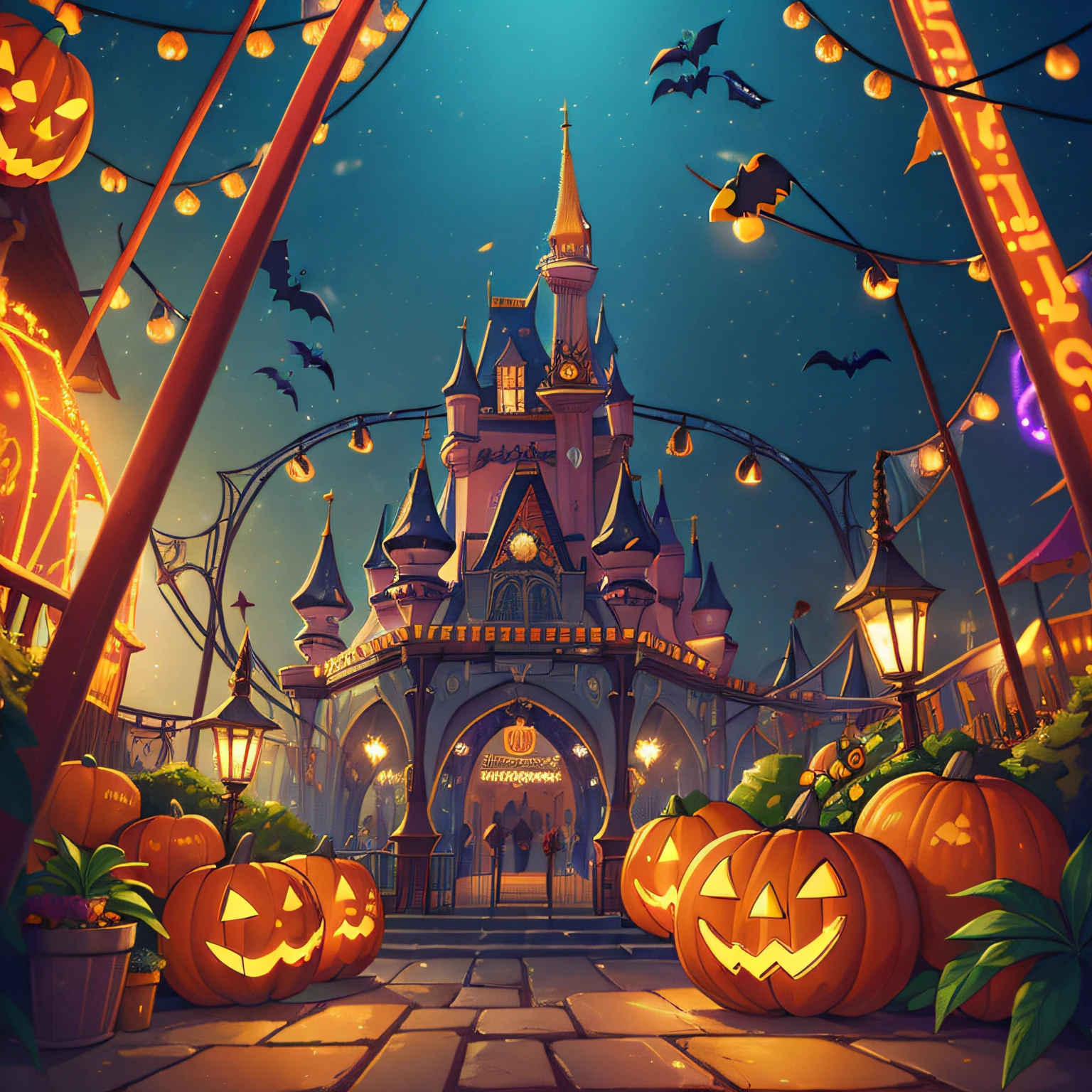 (best quality, high quality:1.3), CG, dramatic lighting, highly detailed, Bokeh, amusement park, all decorated for halloween