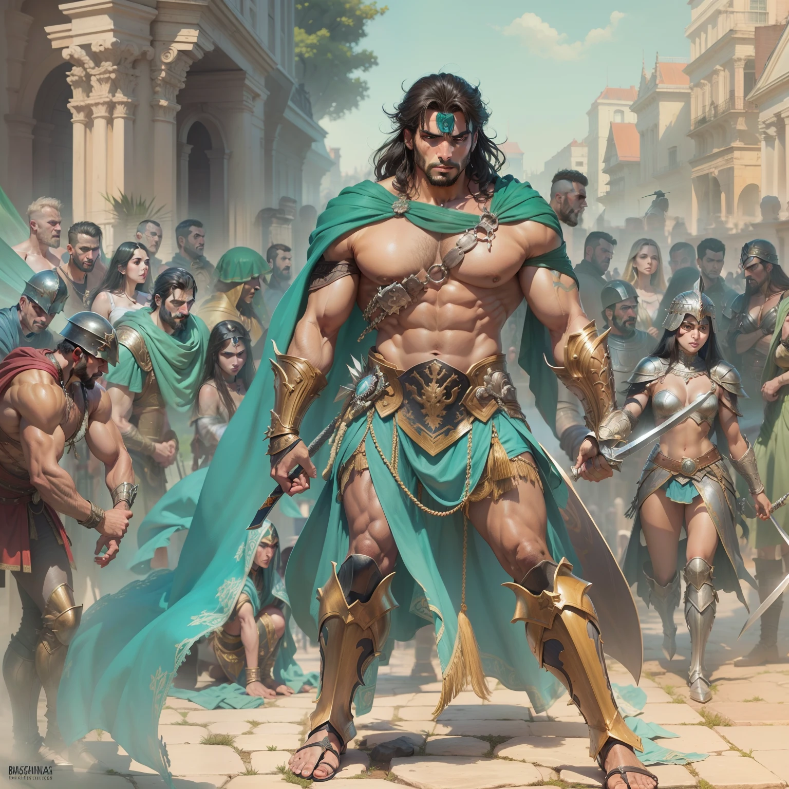 Illustration par John Buscema. Barbare,Homme viril,longs cheveux noirs,dark eyes,pieds,wearing the armor of a centurion of the Roman Empire,holding a sharp sword,At his feet is a girl of exotic beauty, longs cheveux noirs, yeux bleu turquoise, Corps voluptueux,Gros seins,Esclave soumis,Place de la voie romaine in the middle of the morning (ohwx estétic )