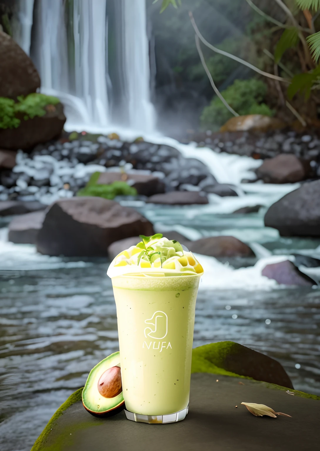 There are avocado drinks and slices of avocado on the rocks, loputyn and matcha, avacado dream, next to a waterfall, healthy, waterfall in background, Sand Falls, high quality product photo, waterfall in background, in a jungle environment, imagem de qualidade alta, lush vista, vanilla smoothie explosion, peacefully drinking river water