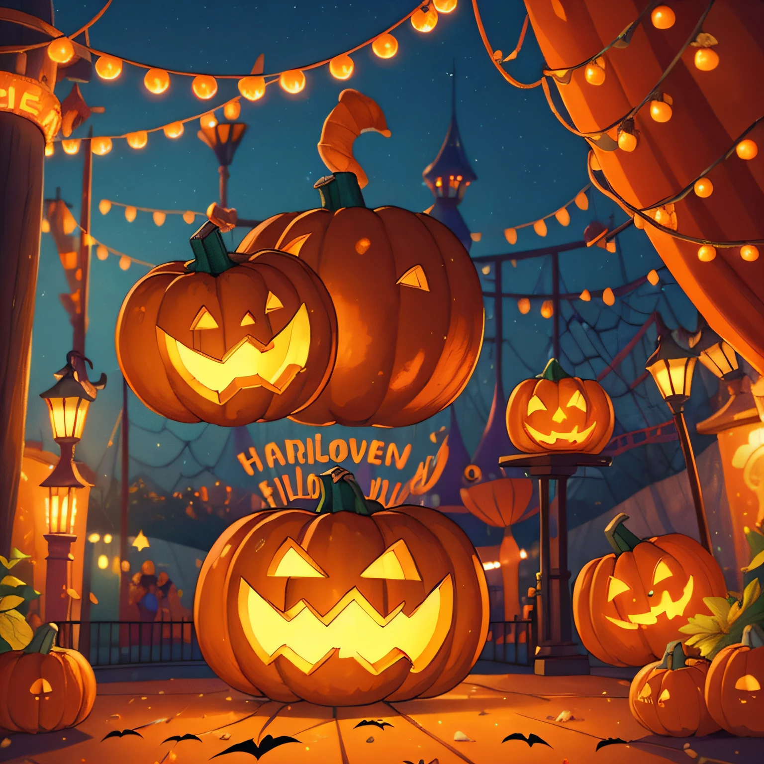 (best quality, high quality:1.3), CG, dramatic lighting, highly detailed, Bokeh, amusement park, all decorated for halloween, pumpkins hanging from park toys