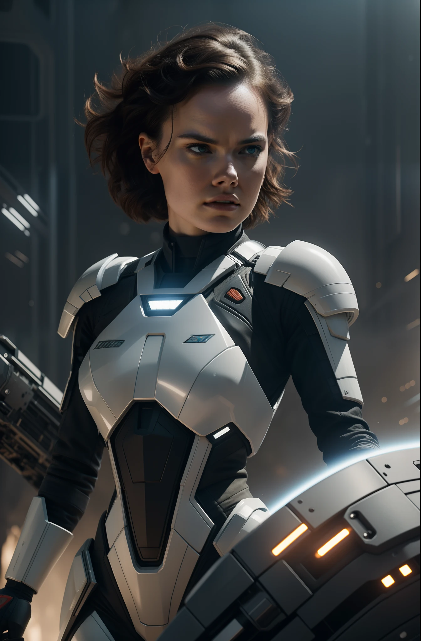 a close up action of epic Sci fi hot Daisy Ridley in a sci fi tech suit clothes cabelos longos brancos, Detailed clothing details, Liquid effect, space, heavenly body, Interstellar battlefield photography, natural light, photorealism, cinematic rendering, ray tracing, the highest quality, the highest detail, Cinematic, Third-Person View, Blur Effect, Long Exposure, 8K, Ultra-HD, Natural Lighting, Moody Lighting, Cinematic Lighting