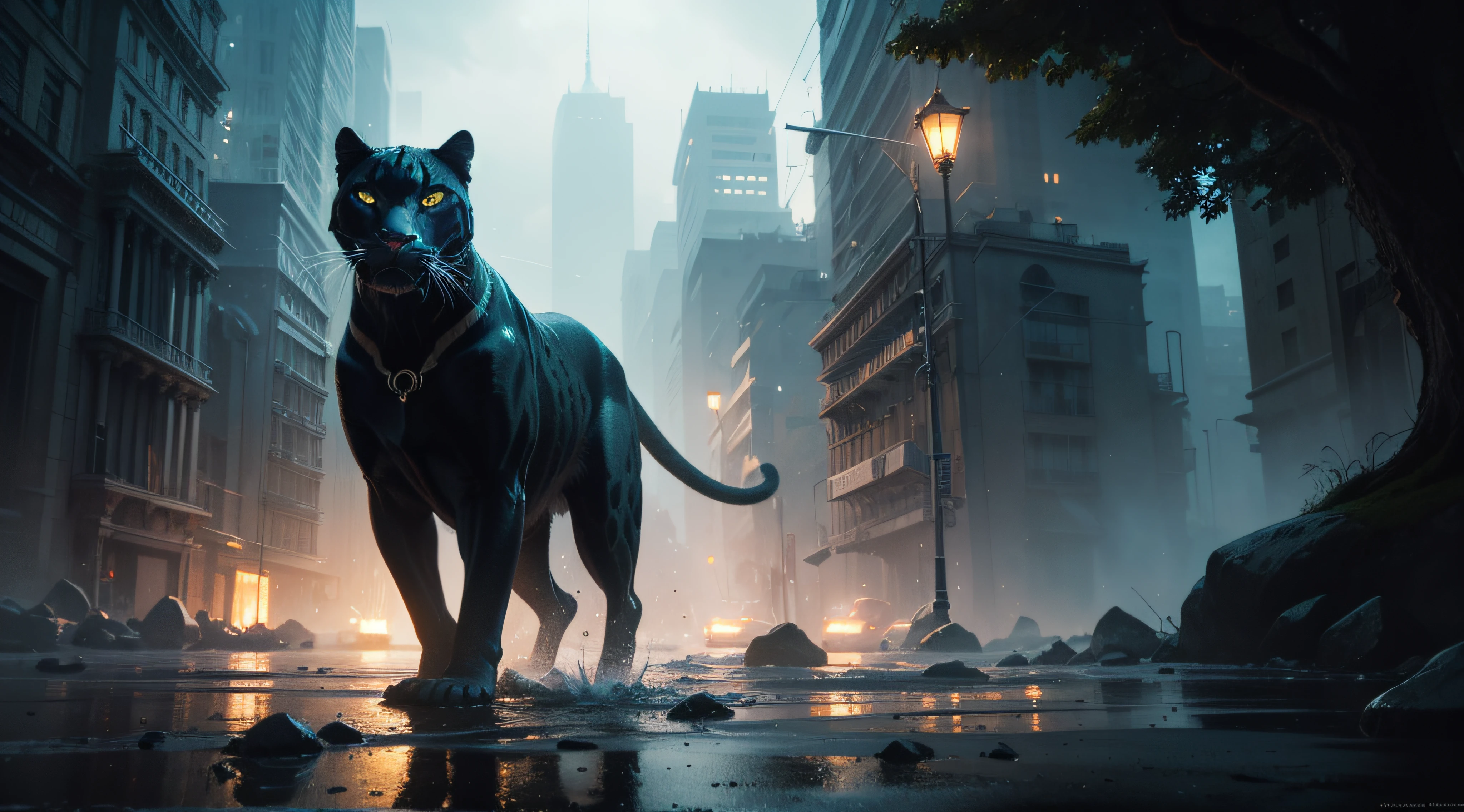 Stunningly beautiful panther goddess, 8k resolution concept art by Greg Rutkowski, dynamic lighting, hyperrealism, intricately detailed splash art, trending on artstation, triadic colors, unreal engine 5, maximalist digital illustration by Alphonse Mucha, WLOP, Jordan Grimmer, volumetric lighting, epic, cinematic, brilliant, dramatic, atmospheric, meticulously detailed oil painting by James Gurney, deep complementary colors
