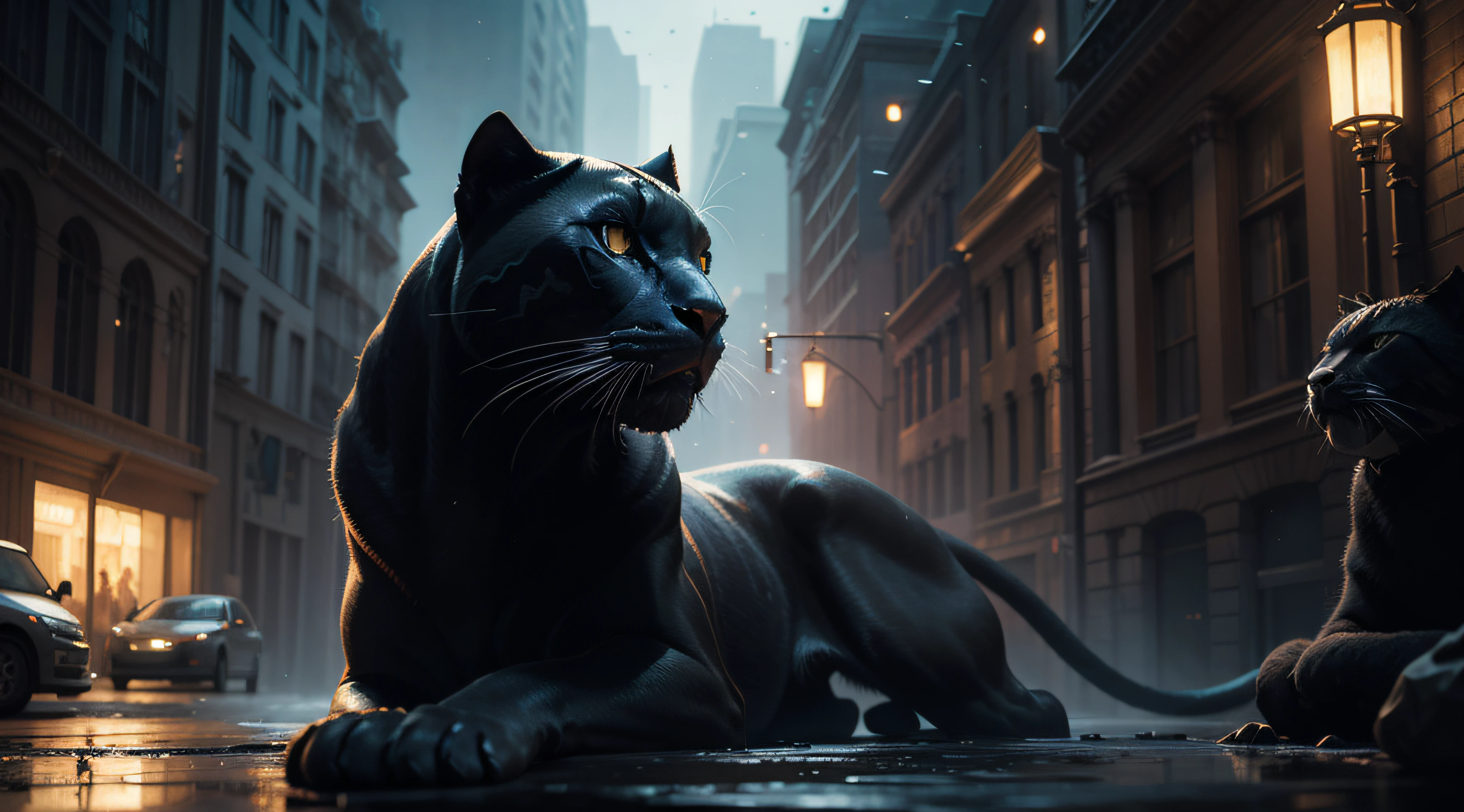Stunningly beautiful panther goddess, 8k resolution concept art by Greg Rutkowski, dynamic lighting, hyperrealism, intricately detailed splash art, trending on artstation, triadic colors, unreal engine 5, maximalist digital illustration by Alphonse Mucha, WLOP, Jordan Grimmer, volumetric lighting, epic, cinematic, brilliant, dramatic, atmospheric, meticulously detailed oil painting by James Gurney, deep complementary colors