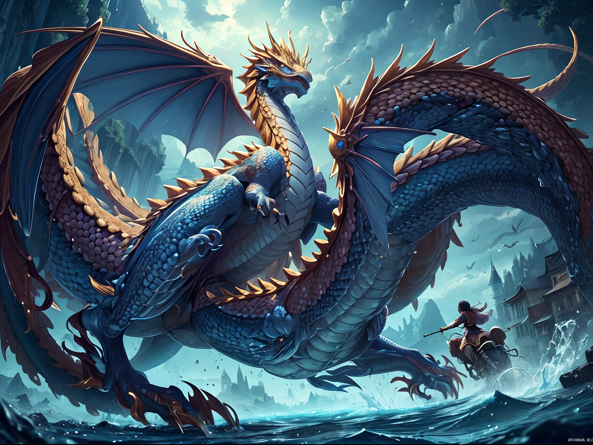 (Masterpiece, Top Quality, Best Quality, Ultimate Detail, Highest Detail, Official Art, Beauty & Aesthetics: 1.2), Golden Ratio, Full Composition, official art, Unity 8k wallpaper, super detailed, beautiful, (fractal art: 1.4), the school girl is riding on the rainbow dragon, flying over the town, full body, crystallineAI, from below, splash