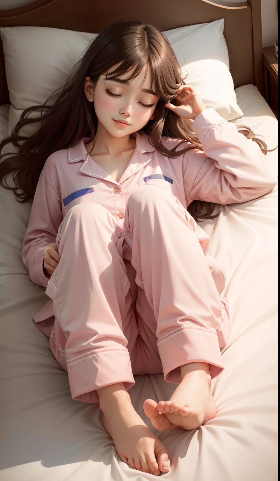 Sleeping girl, 22 years old, realistic, she is wearing long pants, she is wearing pink pajama, brown hair.